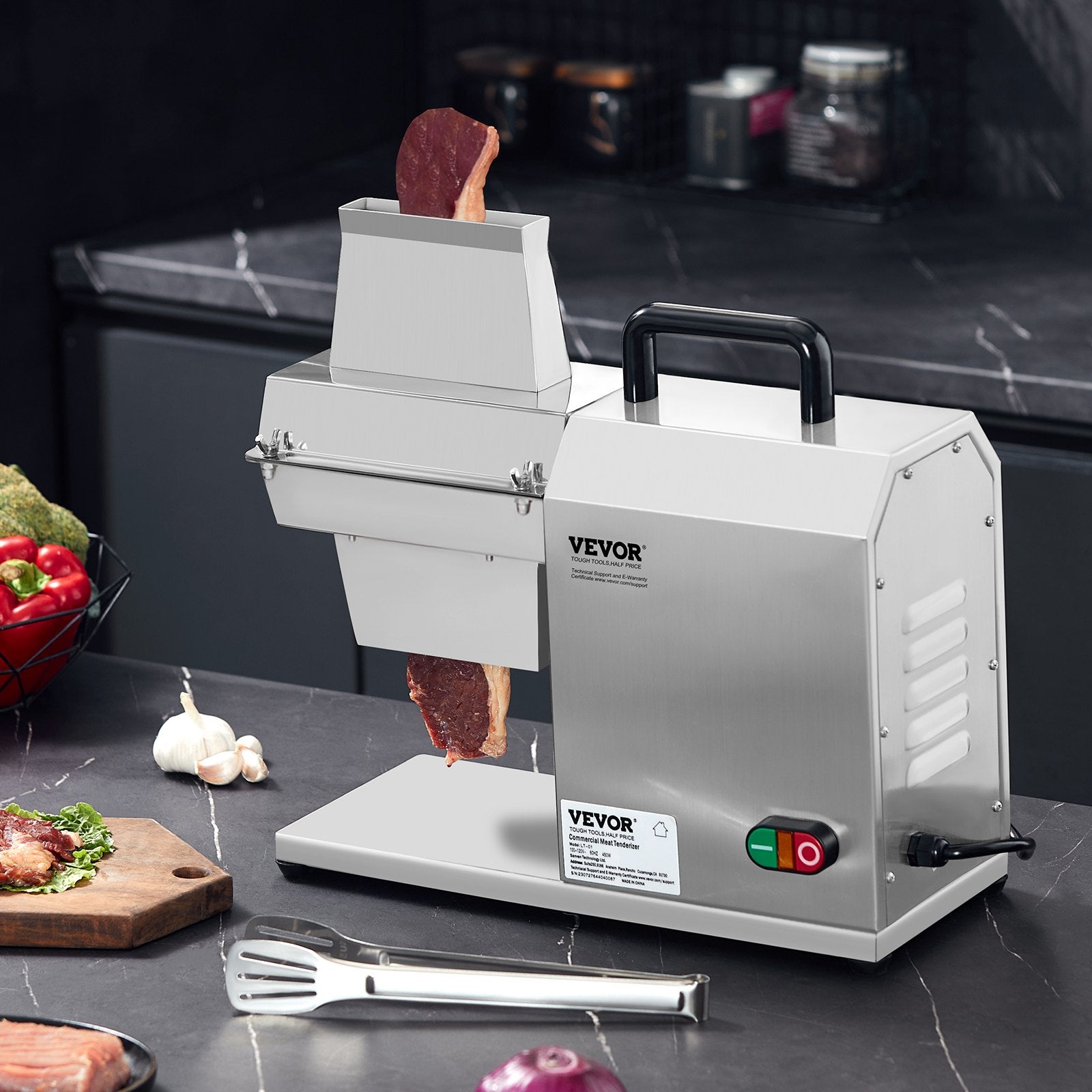 Commercial Meat Tenderizer, Heavy Duty Stainless Steel Kitchen Tool with Handle, Meat Tong, and Cleaning Brush, 450W Electric Meat Tenderizer Machine for Beef, Turkey, Chicken, Pork, and Fish
