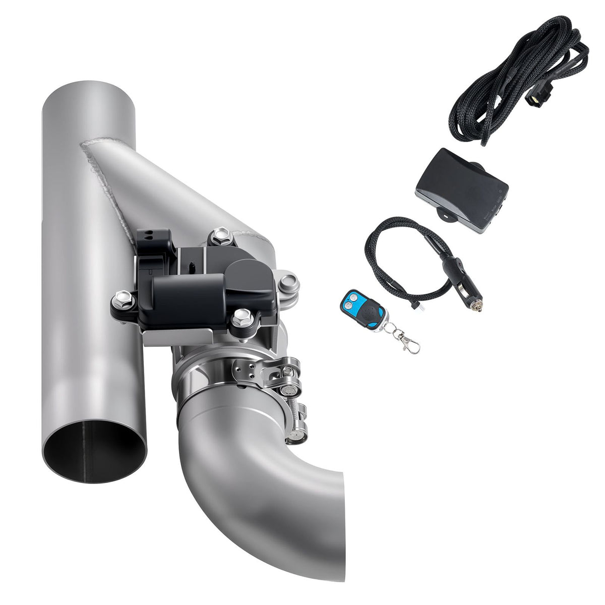 Electric Exhaust Cutout, 63.5 mm Universal Stainless Steel Exhaust Valve Kit with One Controller Remote Kit, Cut Out Valve, Y Pipe, Remote Control & Box, Fits Trucks, Sedans, Sports Cars, SUVs