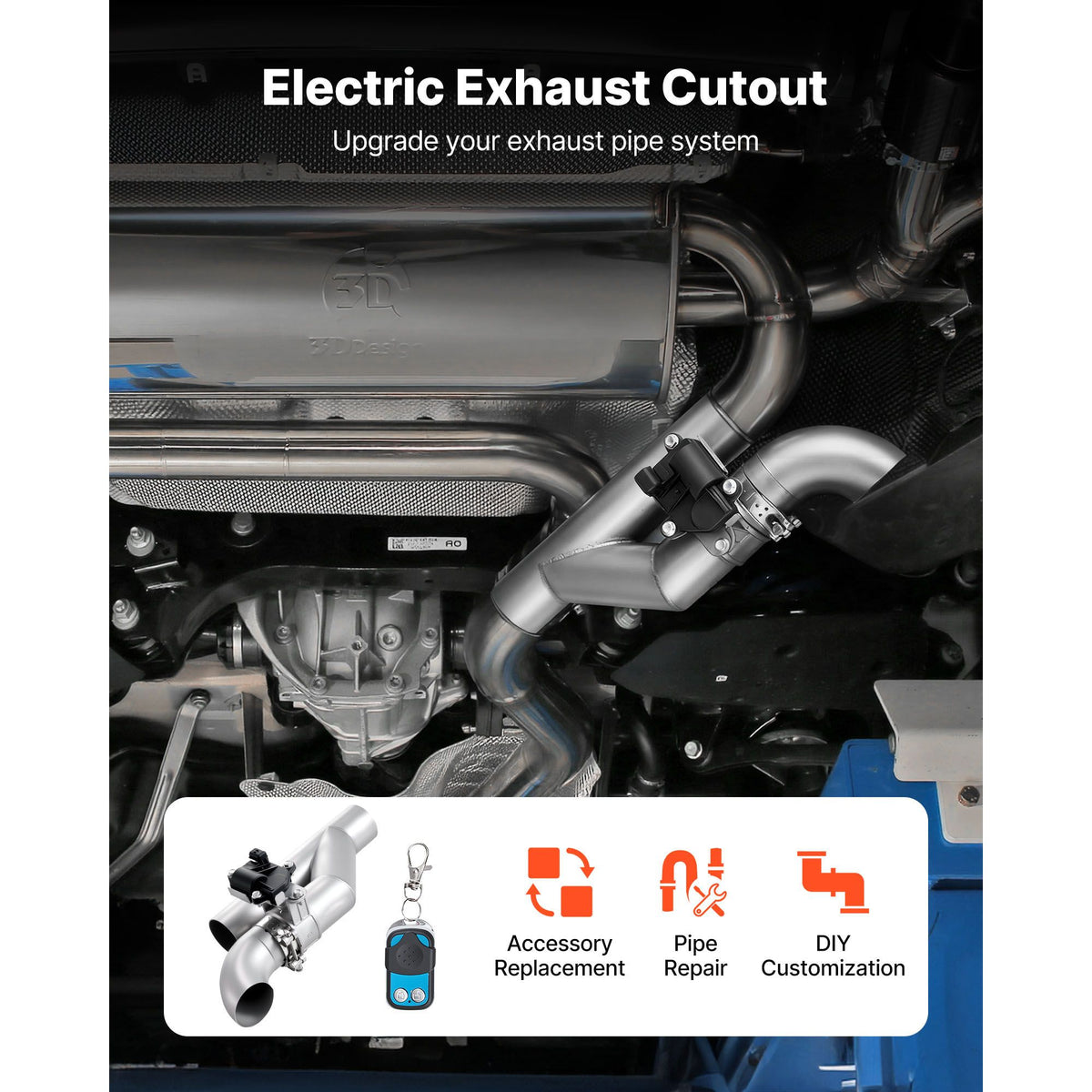 Electric Exhaust Cutout, 63.5 mm Universal Stainless Steel Exhaust Valve Kit with One Controller Remote Kit, Cut Out Valve, Y Pipe, Remote Control & Box, Fits Trucks, Sedans, Sports Cars, SUVs