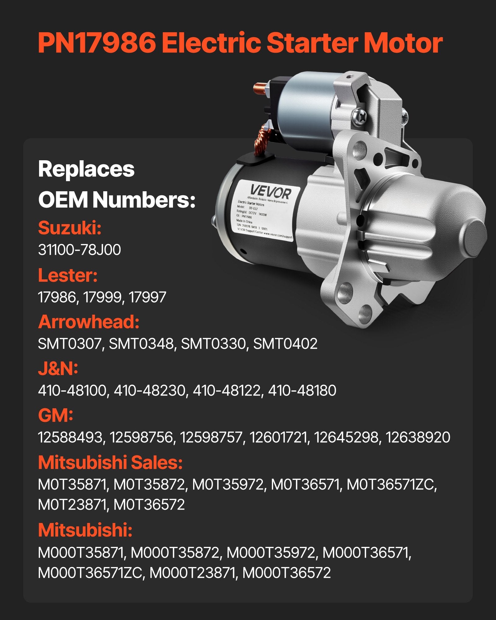 Starter 17986, Starter Motor Replacement Compatible with Buick 3.6L V6 06-08, Cadillac SRX 3.0L V6 10-11, Chevrolet 3.6L V6 09-17, GMC Pontiac Saturn Suzuki, OEM 12588493 M000T35871 31100-78J00