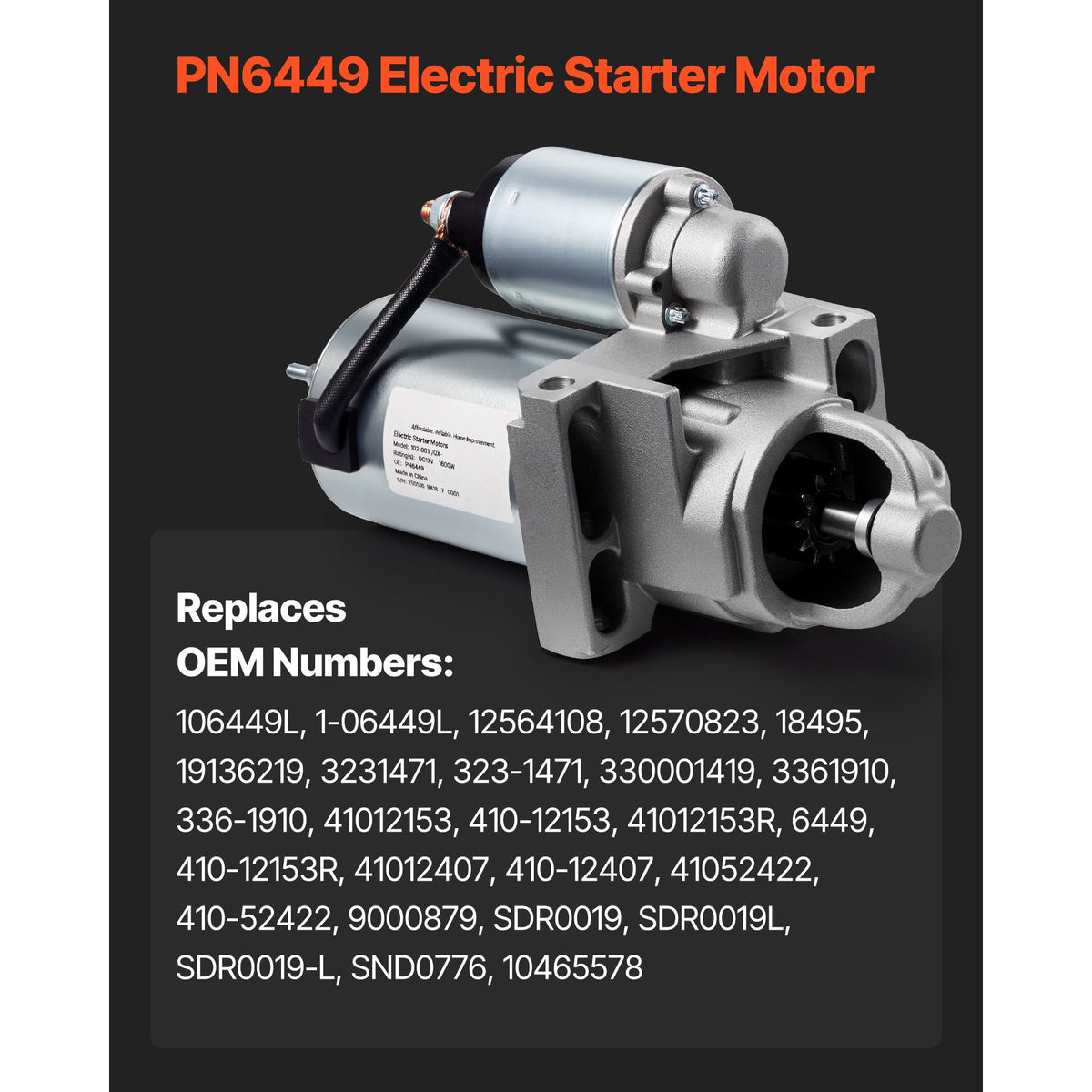 Starter 6449, Starter Motor Replacement Compatible with Oldsmobile Bravada V6 4.3L 96-98, Isuzu Hombre V6 4.3L 97-98, GMC Yukon XL 2500 V8 8.1L 01-02, OEM 106449L 12564108 9000879 410-12153R