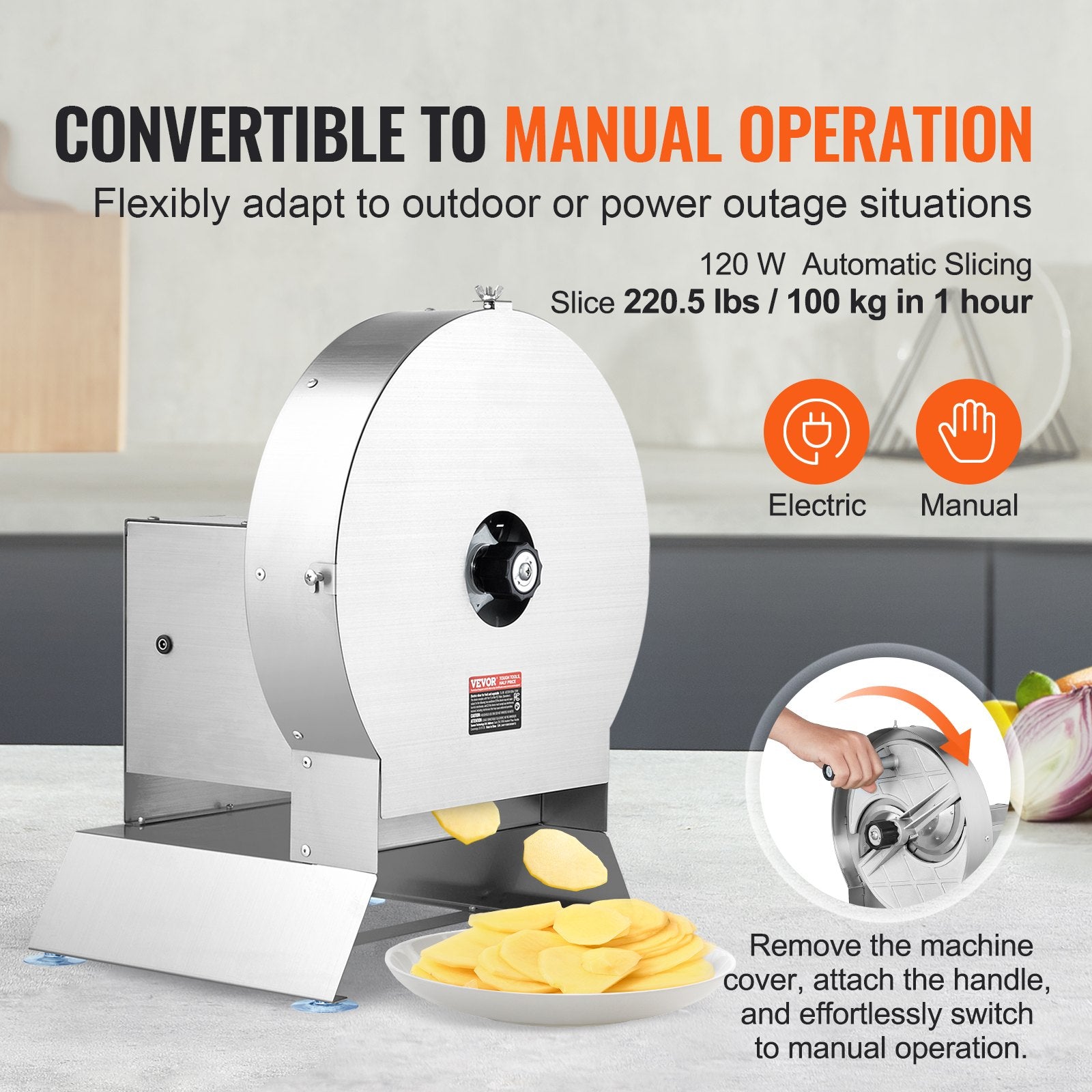 Electric Vegetable Slicer, 0-0.5"/0-12mm Thickness Adjustable Commercial Slicer Machine, Convertible to Manual, Stainless Steel Food Cutter Slicing Machine, Large Feed Port for Potato, Tomato