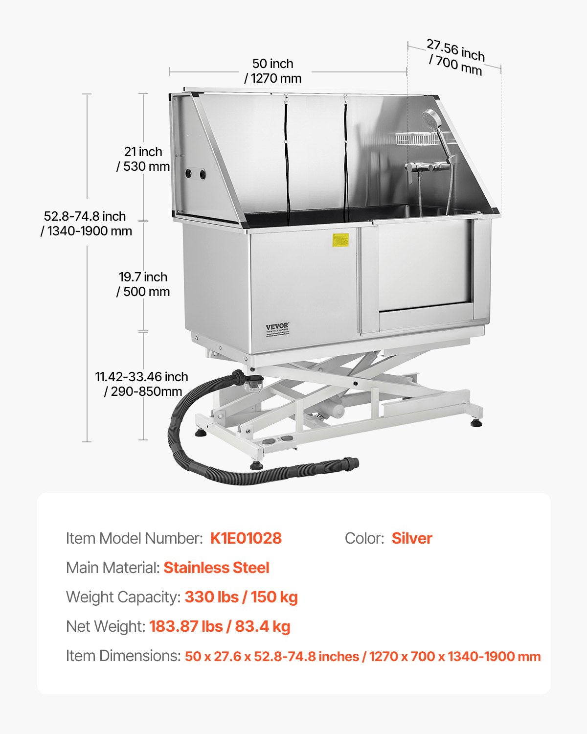 Pet Grooming Supplies: VEVOR 127 cm Electric Dog Grooming Bath Tub Stainless Steel w Water Filter