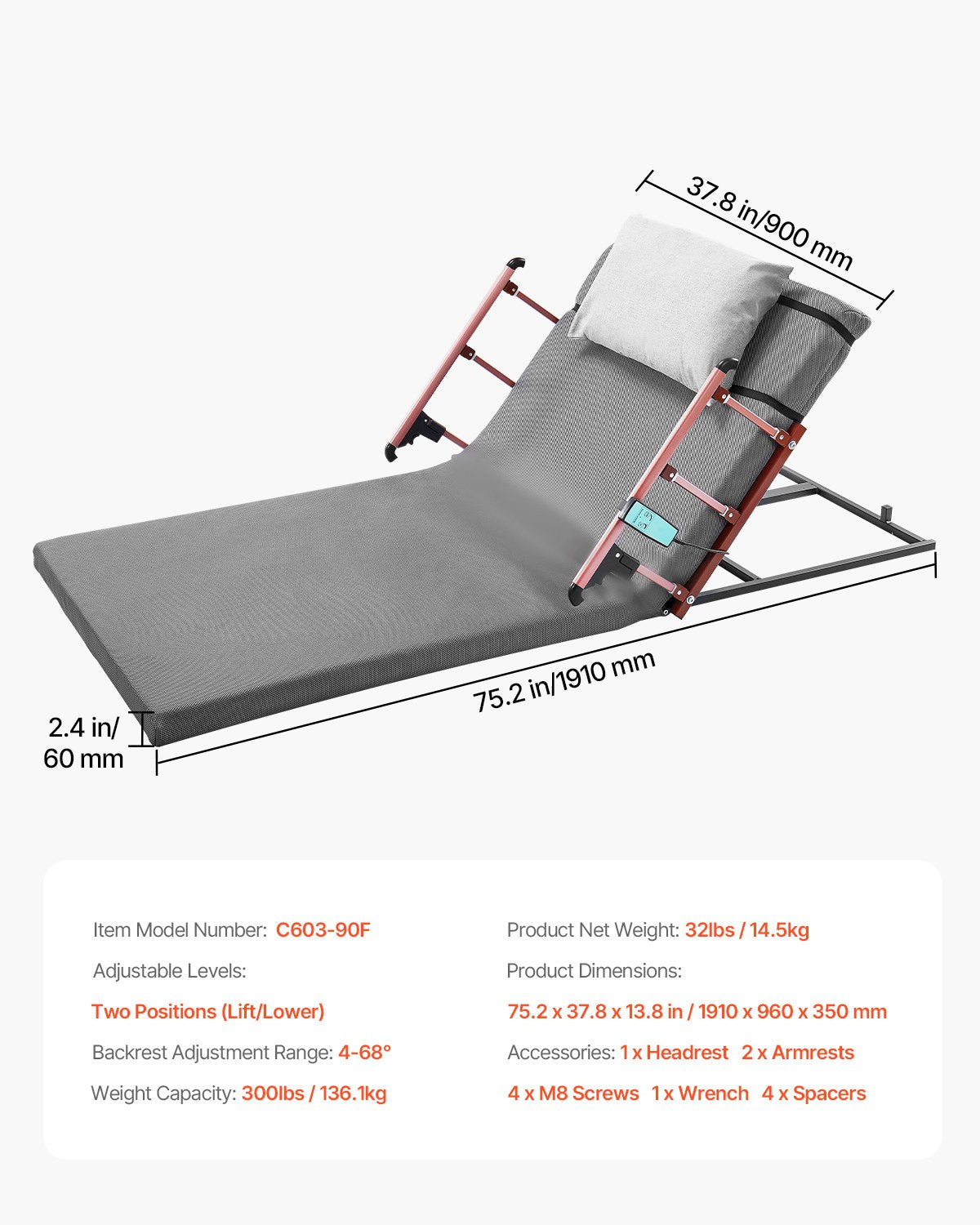 Automotive Parts: VEVOR Electric Lifting Backrest 136 kg 4-68° Adjustable with Folable Guardrail, 1910 x 960 mm