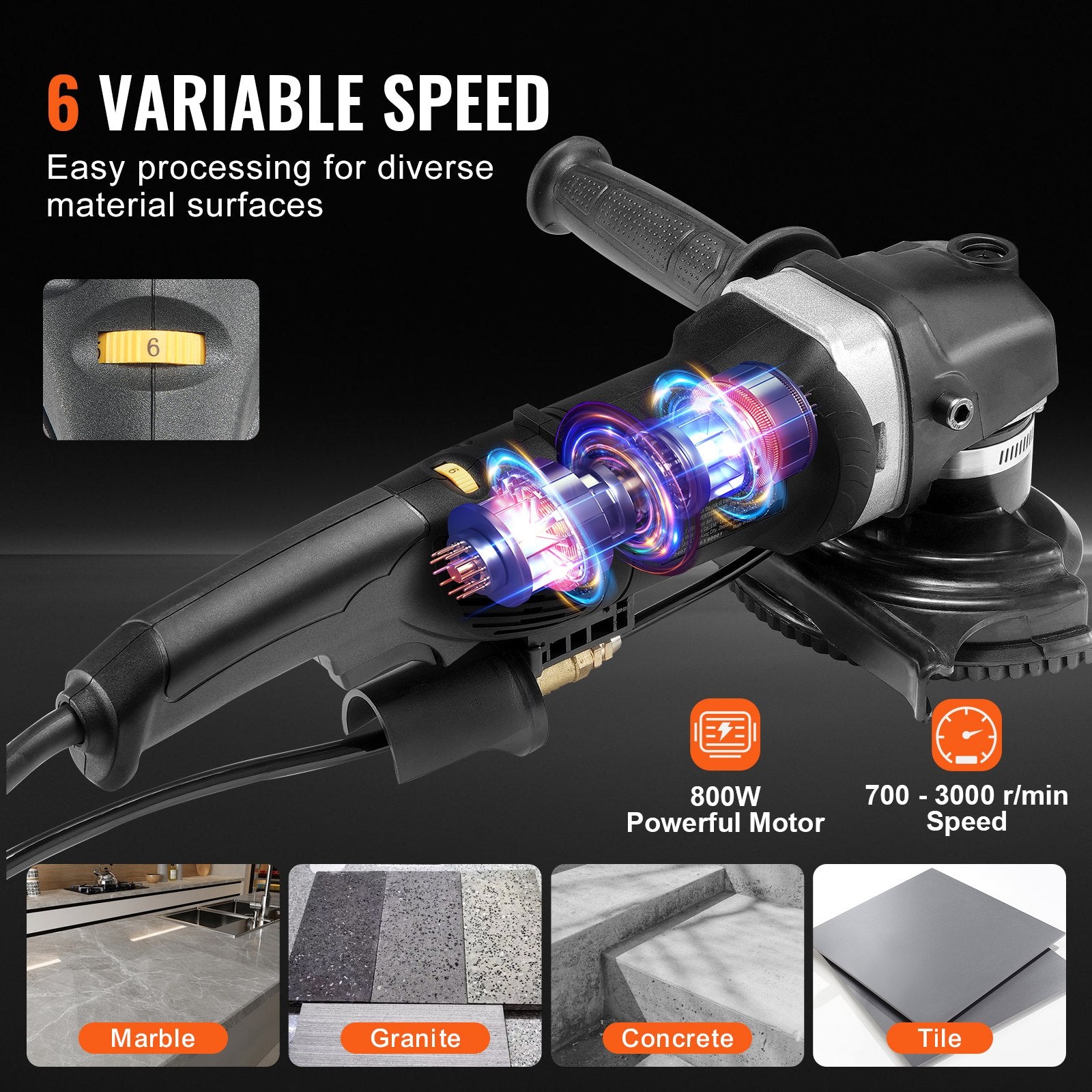 Wet Stone Polisher 4-Inch 800W Electric Concrete Polisher 6 Speed 7 Pads