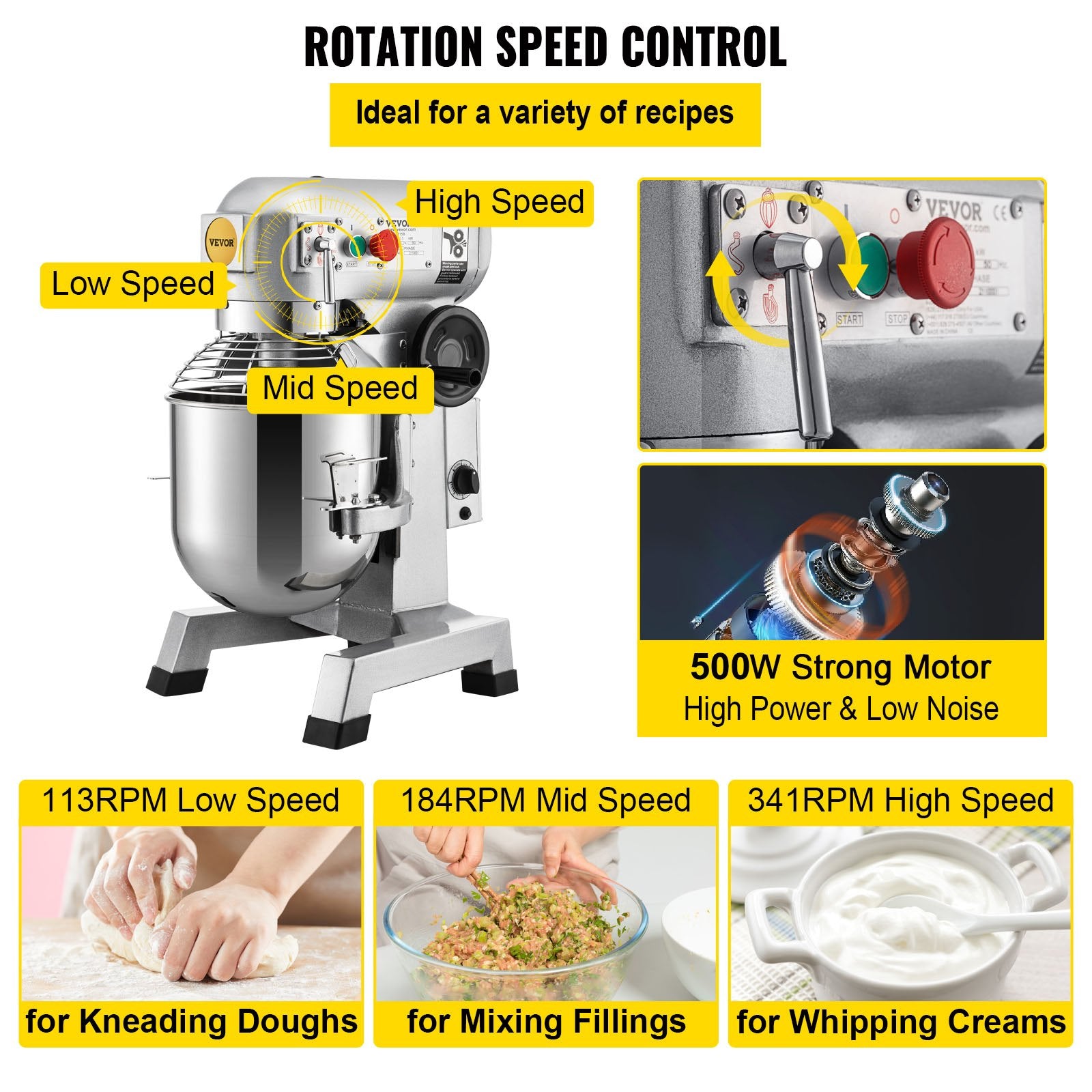 Commercial Stand Mixer, 850W Heavy Duty Electric Food Mixer, 15Qt Stainless Steel Bowl with 3 Speeds Adjustable 113/184/341 RPM, Dough Hook Whisk Beater Included, Perfect for Bakery Pizzeria