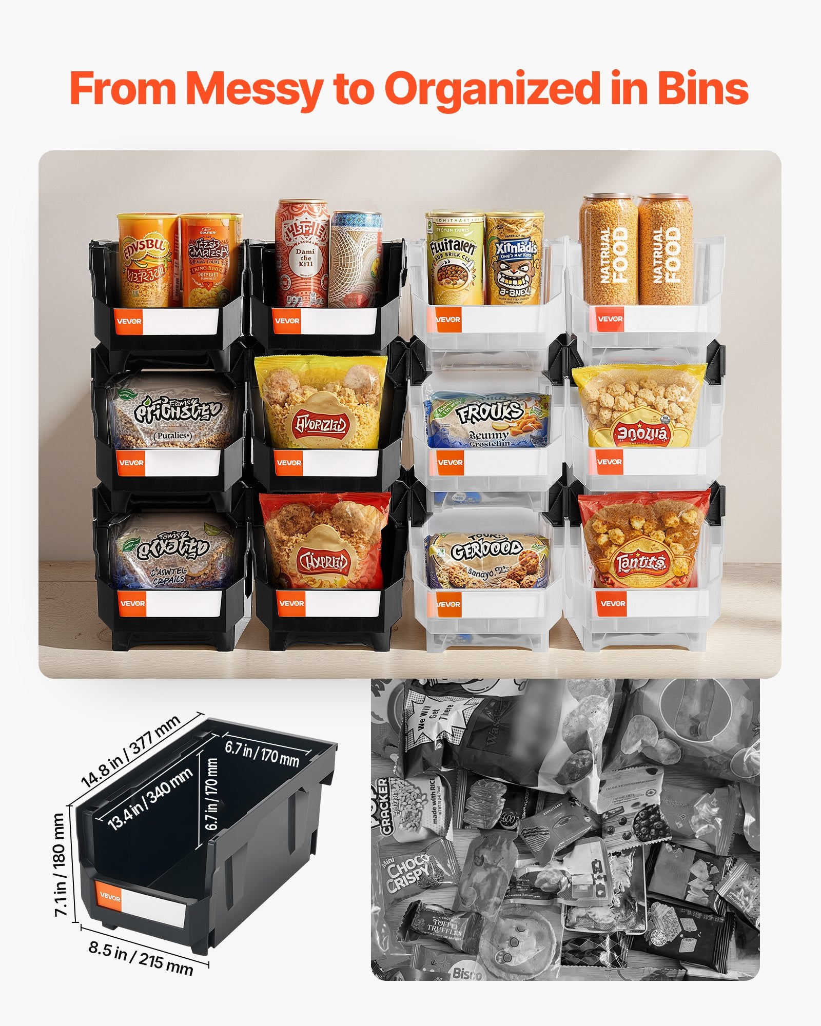 Tool Cabinets: VEVOR Plastic Stackable Storage Bins, 37.7 x 21.5 x 18 cm (12 Pack), Plastic Containers for Organizing & Storage Bins for Garage, Small Parts, Office Supplies, Other Accessories, Black & Transparent