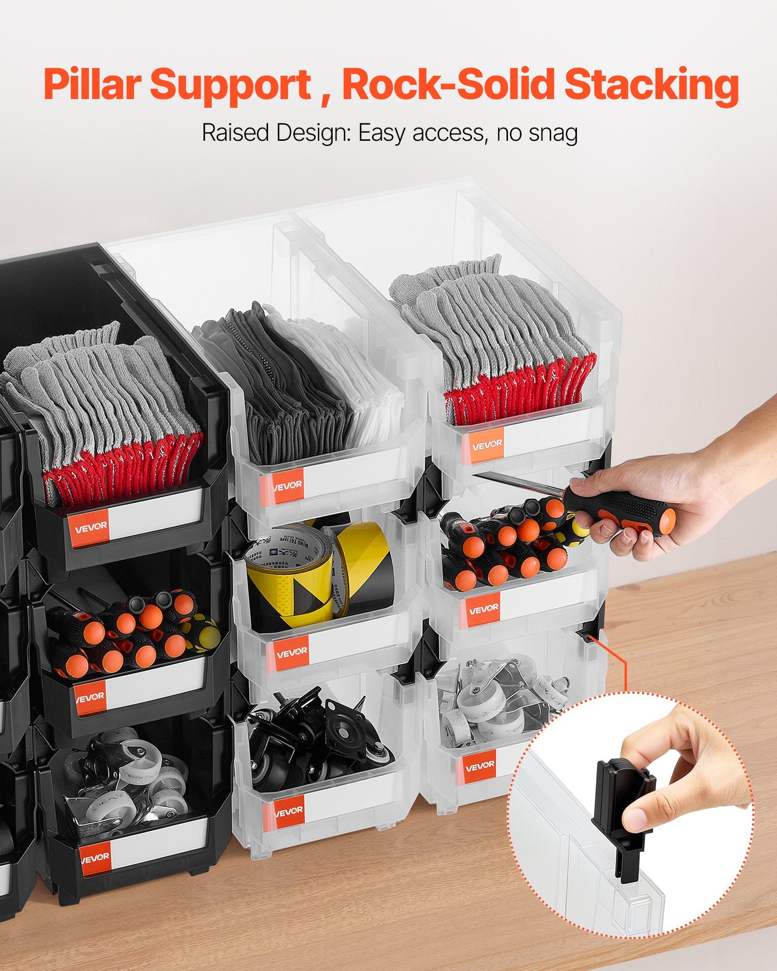 Tool Cabinets: VEVOR Plastic Stackable Storage Bins, 37.7 x 21.5 x 18 cm (12 Pack), Plastic Containers for Organizing & Storage Bins for Garage, Small Parts, Office Supplies, Other Accessories, Black & Transparent