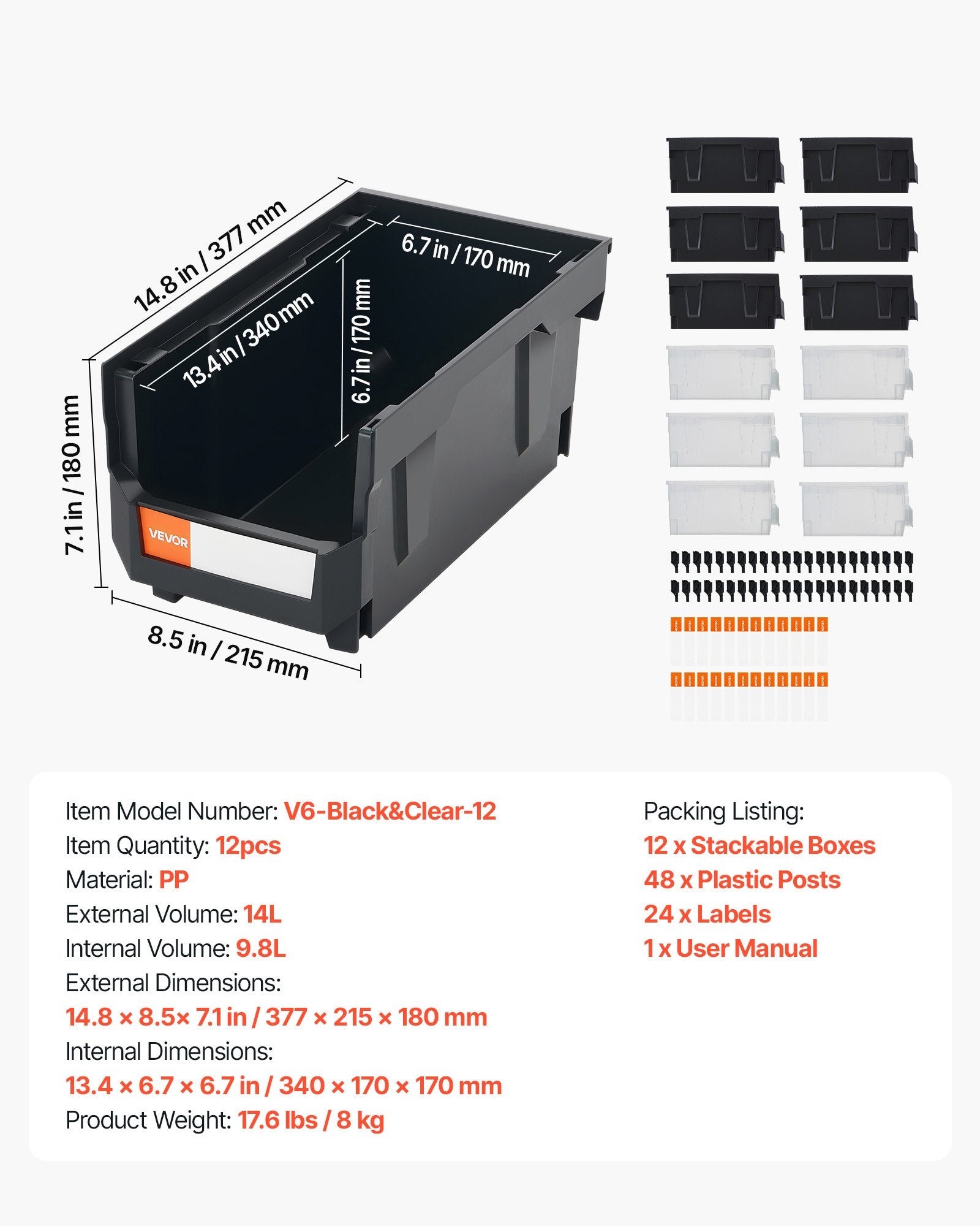 Tool Cabinets: VEVOR Plastic Stackable Storage Bins, 37.7 x 21.5 x 18 cm (12 Pack), Plastic Containers for Organizing & Storage Bins for Garage, Small Parts, Office Supplies, Other Accessories, Black & Transparent