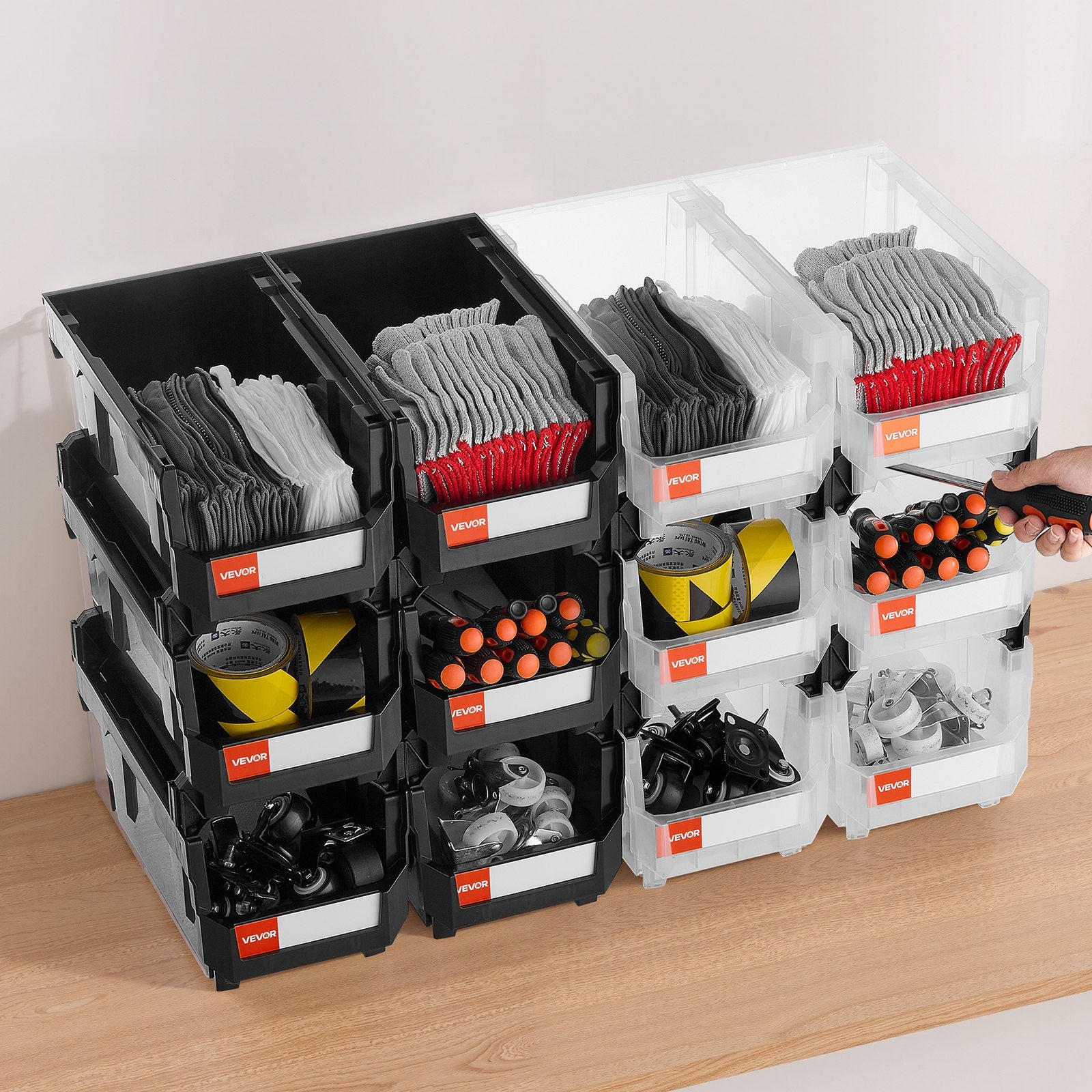 Tool Cabinets: VEVOR Plastic Stackable Storage Bins, 37.7 x 21.5 x 18 cm (12 Pack), Plastic Containers for Organizing & Storage Bins for Garage, Small Parts, Office Supplies, Other Accessories, Black & Transparent