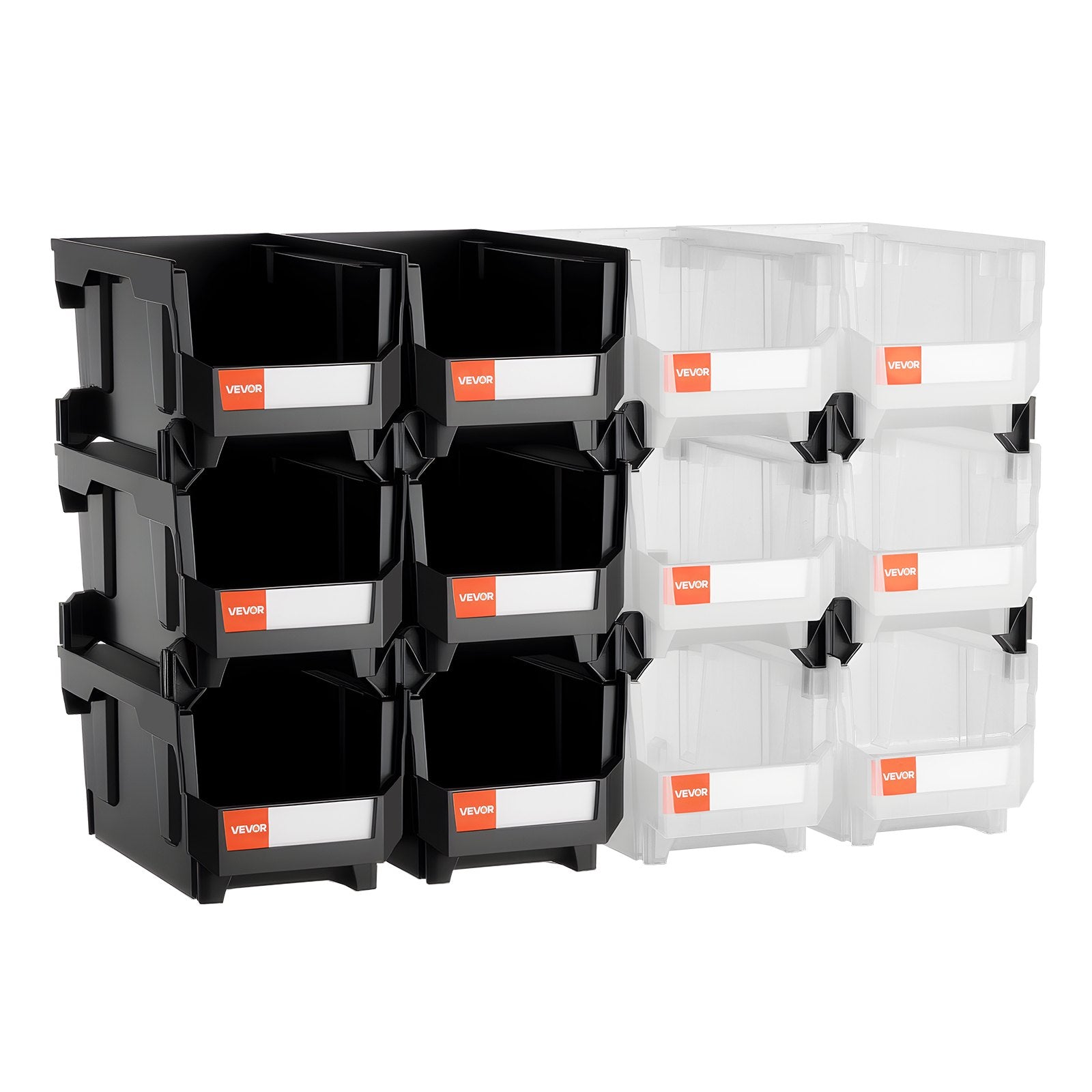 Tool Cabinets: VEVOR Plastic Stackable Storage Bins, 37.7 x 21.5 x 18 cm (12 Pack), Plastic Containers for Organizing & Storage Bins for Garage, Small Parts, Office Supplies, Other Accessories, Black & Transparent