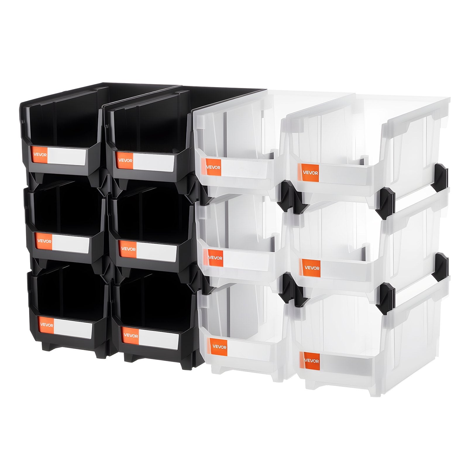 Tool Cabinets: VEVOR Plastic Stackable Storage Bins, 37.7 x 21.5 x 18 cm (12 Pack), Plastic Containers for Organizing & Storage Bins for Garage, Small Parts, Office Supplies, Other Accessories, Black & Transparent