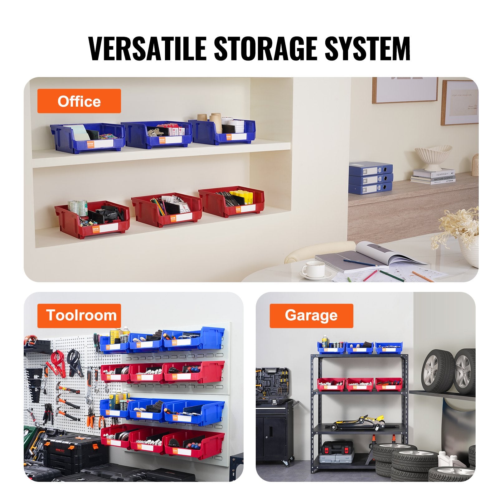 Storage Boxes: VEVOR Plastic Storage Bin, (276 mm x 279 mm x 128 mm), Hanging Stackable Storage Organizer Bin, Blue/Red, 6-Pack, Heavy Duty Stacking Containers for Closet, Kitchen, Office, or Pantry Organization