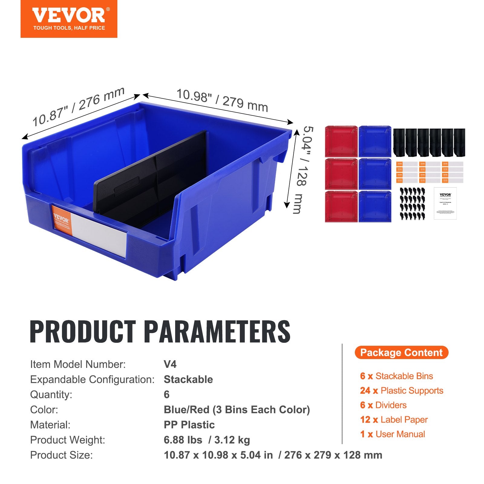 Storage Boxes: VEVOR Plastic Storage Bin, (276 mm x 279 mm x 128 mm), Hanging Stackable Storage Organizer Bin, Blue/Red, 6-Pack, Heavy Duty Stacking Containers for Closet, Kitchen, Office, or Pantry Organization