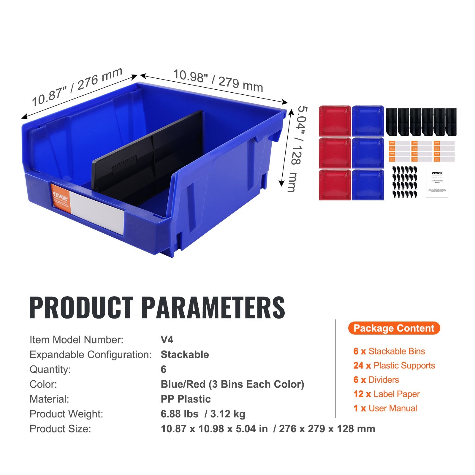 Storage Boxes: VEVOR Plastic Storage Bin, (276 mm x 279 mm x 128 mm), Hanging Stackable Storage Organizer Bin, Blue/Red, 6-Pack, Heavy Duty Stacking Containers for Closet, Kitchen, Office, or Pantry Organization