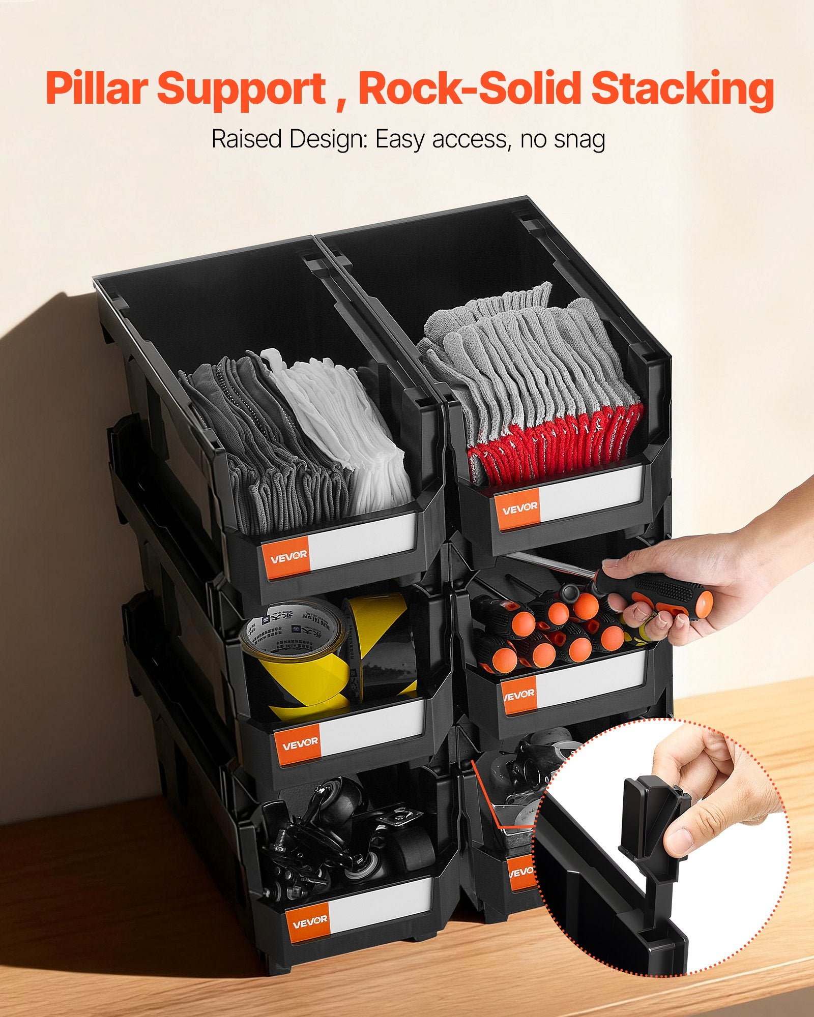 Tool Cabinets: VEVOR Plastic Stackable Storage Bins, 37.7 x 21.5 x 18 cm (6 Pack), Plastic Containers for Organizing and Storage Bins for Closet, Garage, Small Parts, Office Supplies and Other Accessories, Black