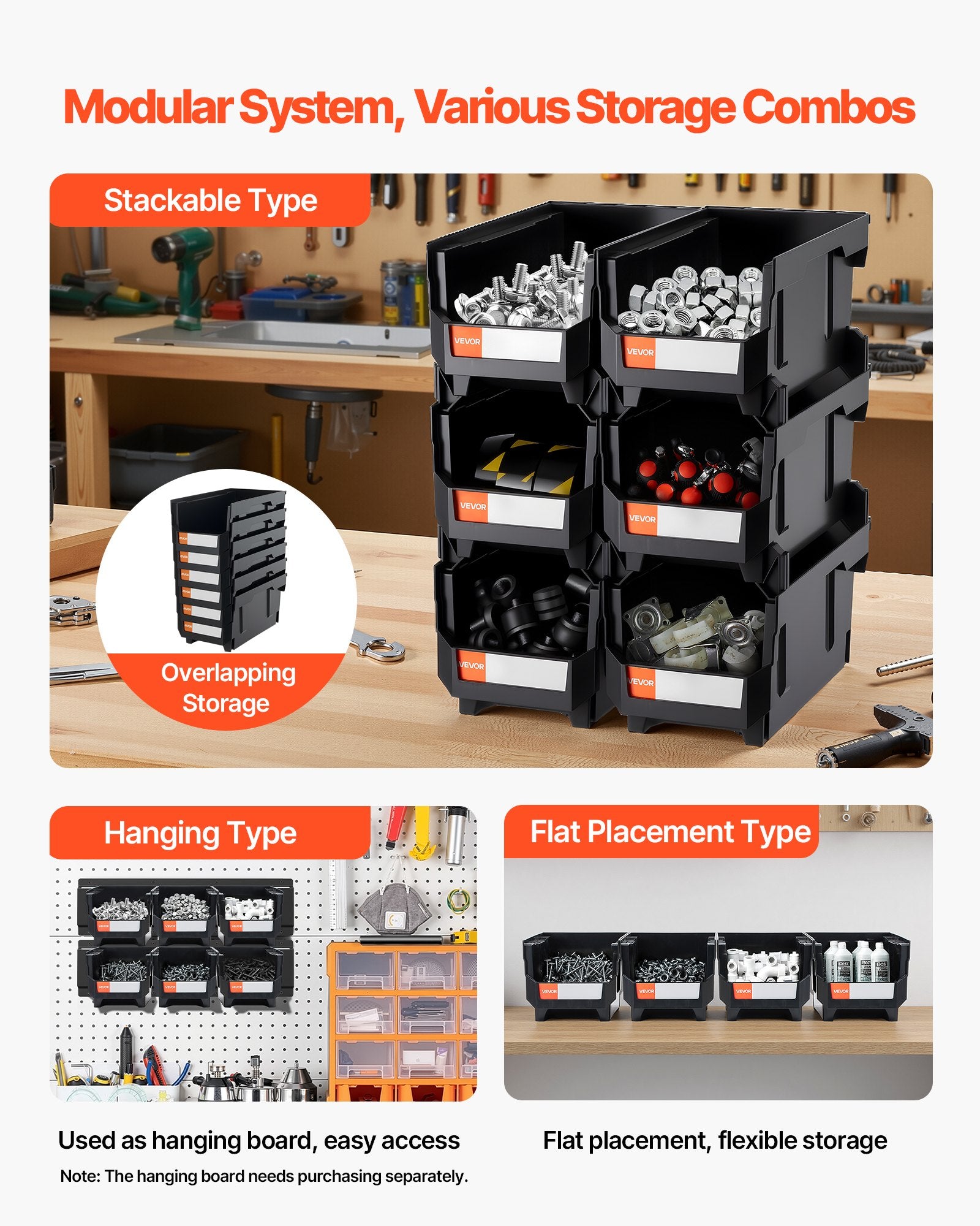 Tool Cabinets: VEVOR Plastic Stackable Storage Bins, 37.7 x 21.5 x 18 cm (6 Pack), Plastic Containers for Organizing and Storage Bins for Closet, Garage, Small Parts, Office Supplies and Other Accessories, Black