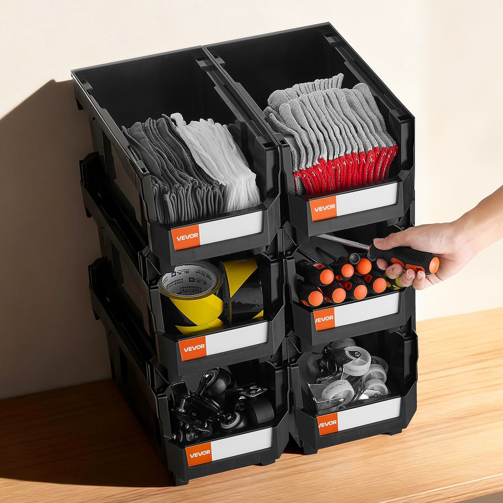 Tool Cabinets: VEVOR Plastic Stackable Storage Bins, 37.7 x 21.5 x 18 cm (6 Pack), Plastic Containers for Organizing and Storage Bins for Closet, Garage, Small Parts, Office Supplies and Other Accessories, Black