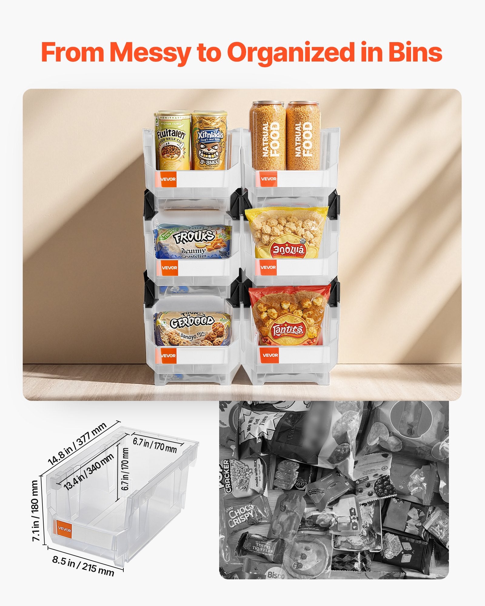 Plastic Stackable Storage Bins, 37.7 x 21.5 x 18 cm (6 Pack), Plastic Containers for Organizing & Storage Bins for Closet, Garage, Small Parts, Office Supplies, Other Accessories, Transparent