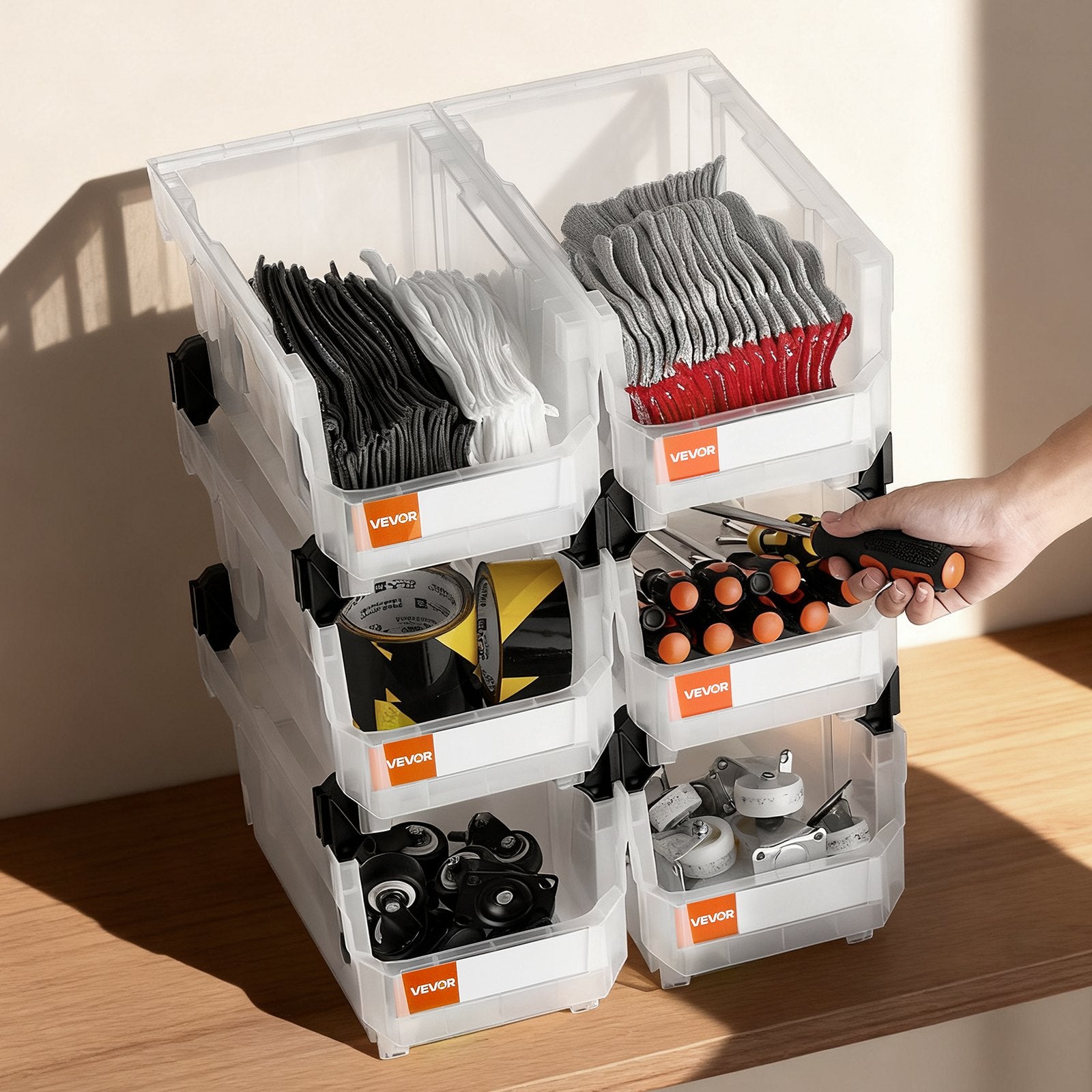 Plastic Stackable Storage Bins, 37.7 x 21.5 x 18 cm (6 Pack), Plastic Containers for Organizing & Storage Bins for Closet, Garage, Small Parts, Office Supplies, Other Accessories, Transparent
