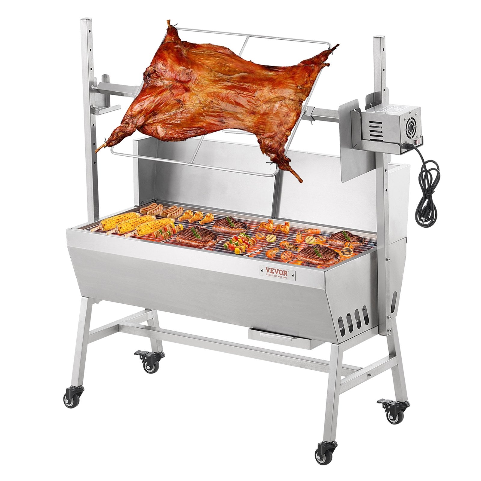 BBQ Tools: VEVOR Rotisserie Grill with Windscreen, BBQ Whole Pig Lamb Goat Charcoal Spit Grill, 35 Inch 90 Lbs Capacity, Electric 42W Motor Stainless Steel Roaster with Lockable Wheels, for Camping Outdoor