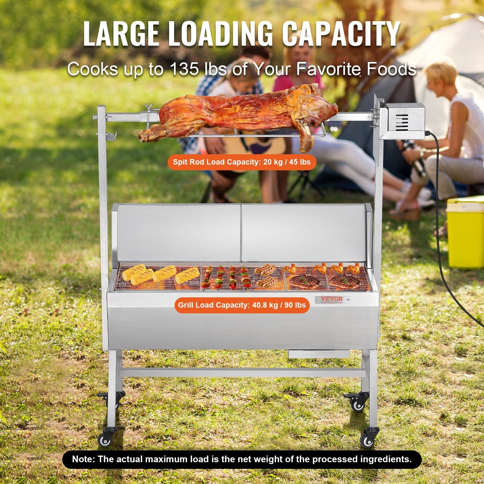 BBQ Tools: VEVOR Rotisserie Grill with Windscreen, BBQ Whole Pig Lamb Goat Charcoal Spit Grill, 35 Inch 90 Lbs Capacity, Electric 42W Motor Stainless Steel Roaster with Lockable Wheels, for Camping Outdoor