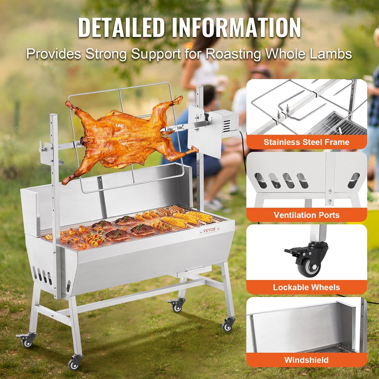 BBQ Tools: VEVOR Rotisserie Grill with Windscreen, BBQ Whole Pig Lamb Goat Charcoal Spit Grill, 35 Inch 90 Lbs Capacity, Electric 42W Motor Stainless Steel Roaster with Lockable Wheels, for Camping Outdoor