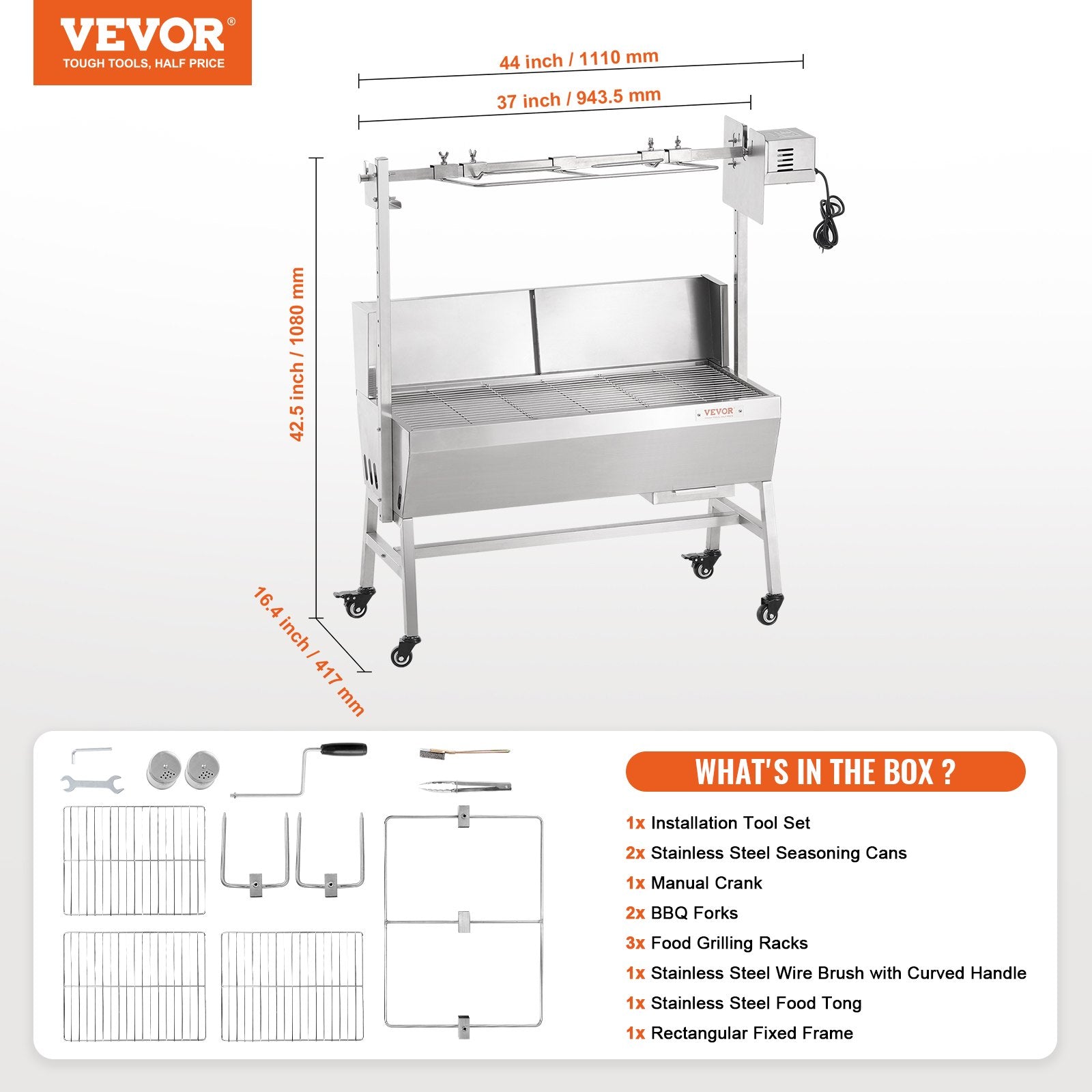 BBQ Tools: VEVOR Rotisserie Grill with Windscreen, BBQ Whole Pig Lamb Goat Charcoal Spit Grill, 35 Inch 90 Lbs Capacity, Electric 42W Motor Stainless Steel Roaster with Lockable Wheels, for Camping Outdoor