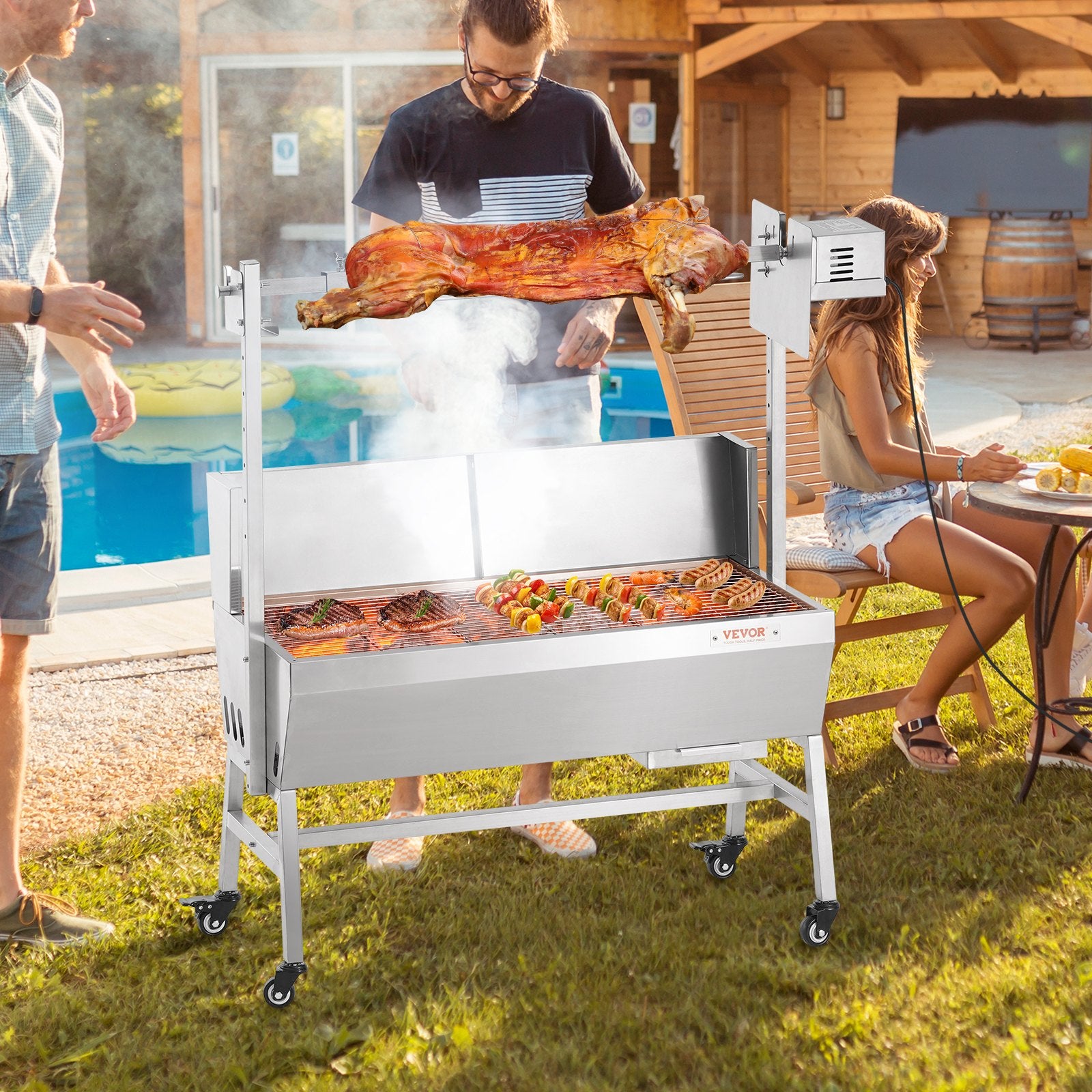 BBQ Tools: VEVOR Rotisserie Grill with Windscreen, BBQ Whole Pig Lamb Goat Charcoal Spit Grill, 35 Inch 90 Lbs Capacity, Electric 42W Motor Stainless Steel Roaster with Lockable Wheels, for Camping Outdoor