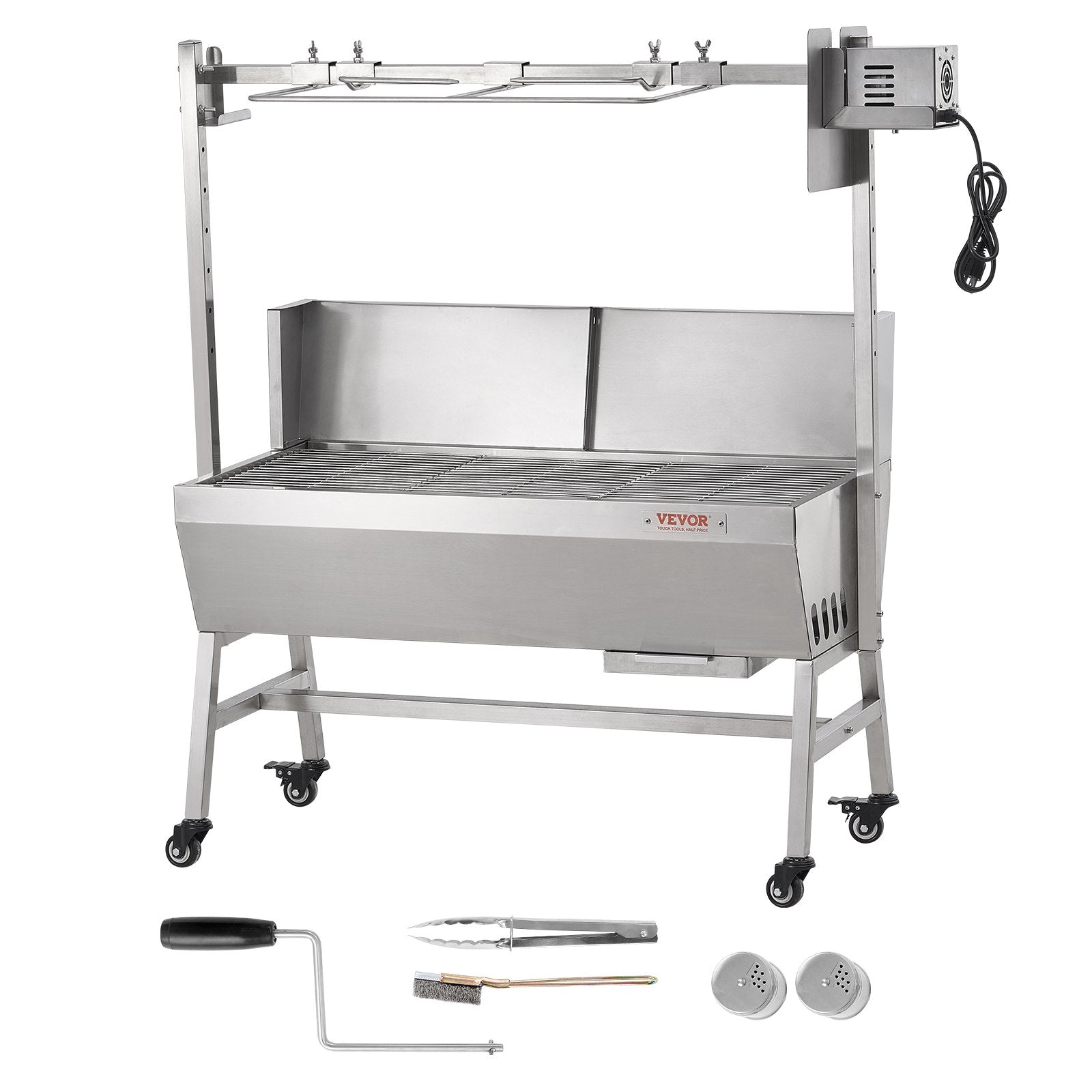 BBQ Tools: VEVOR Rotisserie Grill with Windscreen, BBQ Whole Pig Lamb Goat Charcoal Spit Grill, 35 Inch 90 Lbs Capacity, Electric 42W Motor Stainless Steel Roaster with Lockable Wheels, for Camping Outdoor