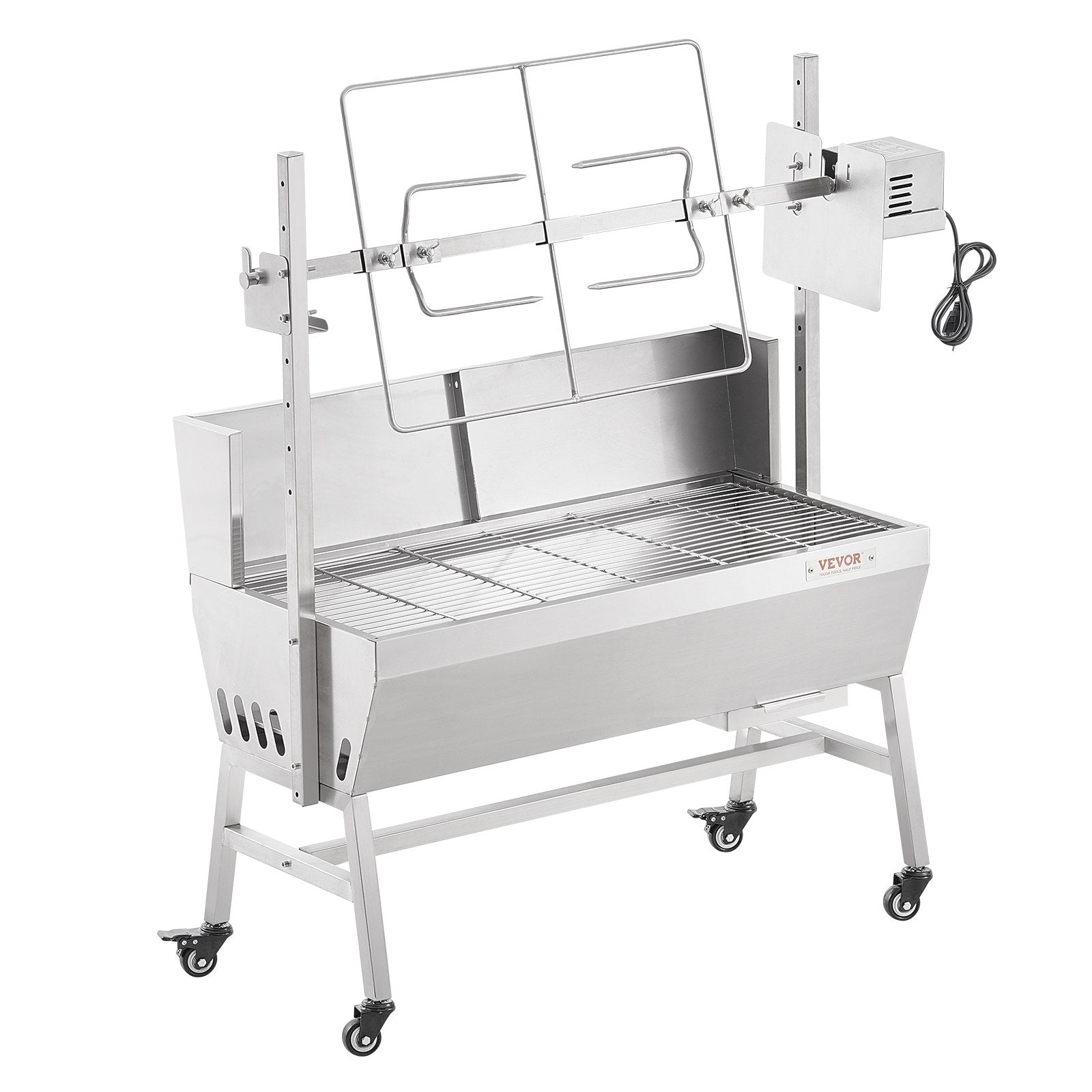 BBQ Tools: VEVOR Rotisserie Grill with Windscreen, BBQ Whole Pig Lamb Goat Charcoal Spit Grill, 35 Inch 90 Lbs Capacity, Electric 42W Motor Stainless Steel Roaster with Lockable Wheels, for Camping Outdoor