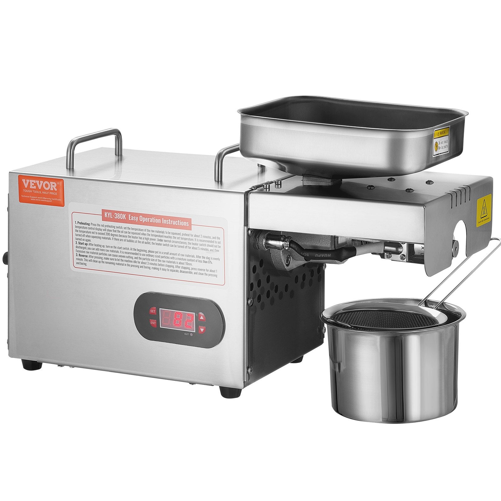 Electric Oil Press Machine, 850W Stainless Steel Oil Extractor Machine, Adjustable Temperature, Hot Press Oil Expeller for Pressing Peanuts, Sesame Seeds, Rapeseed, Tea Seeds