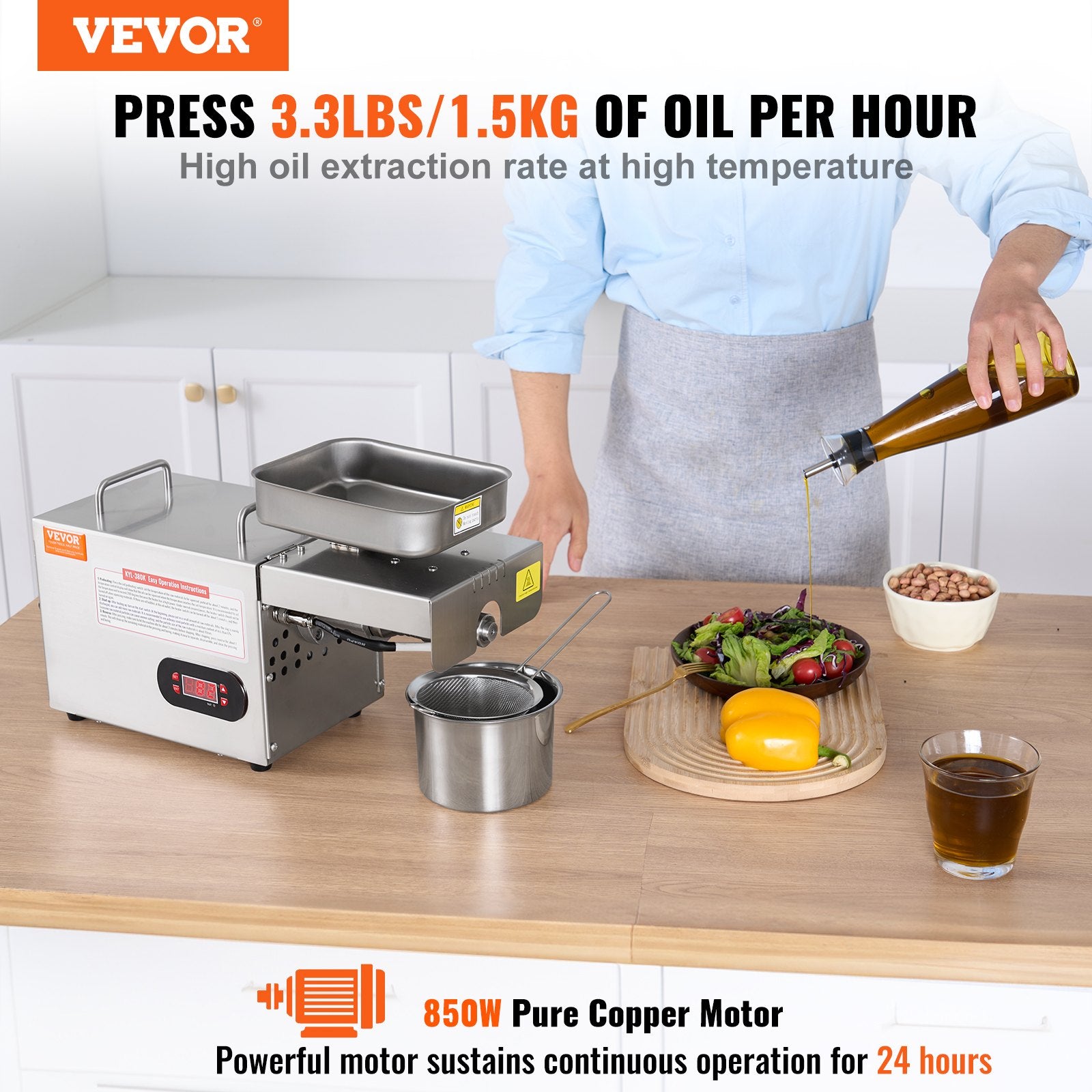 Electric Oil Press Machine, 850W Stainless Steel Oil Extractor Machine, Adjustable Temperature, Hot Press Oil Expeller for Pressing Peanuts, Sesame Seeds, Rapeseed, Tea Seeds