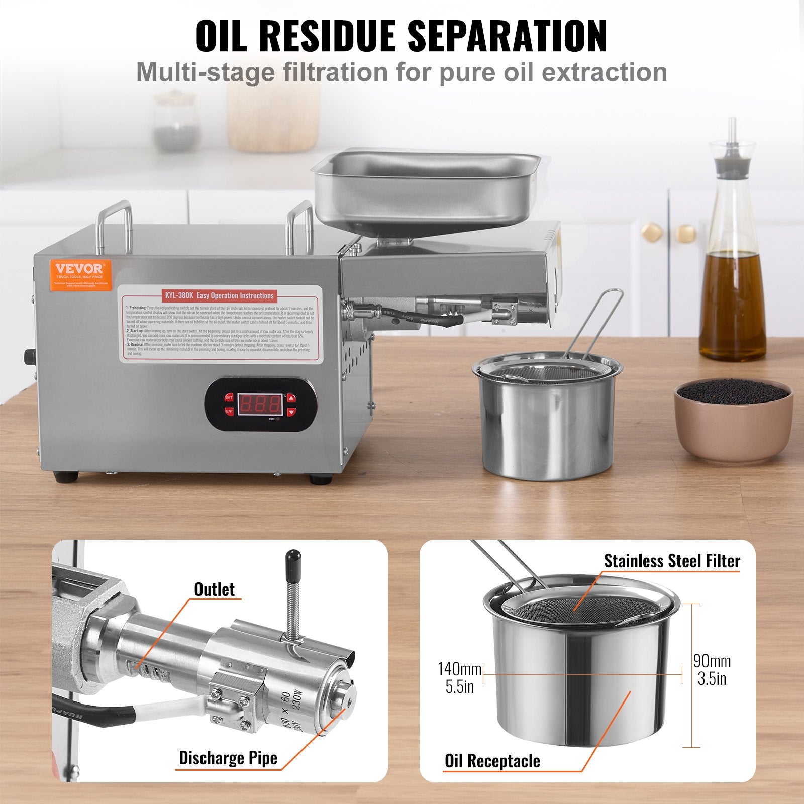 Electric Oil Press Machine, 850W Stainless Steel Oil Extractor Machine, Adjustable Temperature, Hot Press Oil Expeller for Pressing Peanuts, Sesame Seeds, Rapeseed, Tea Seeds