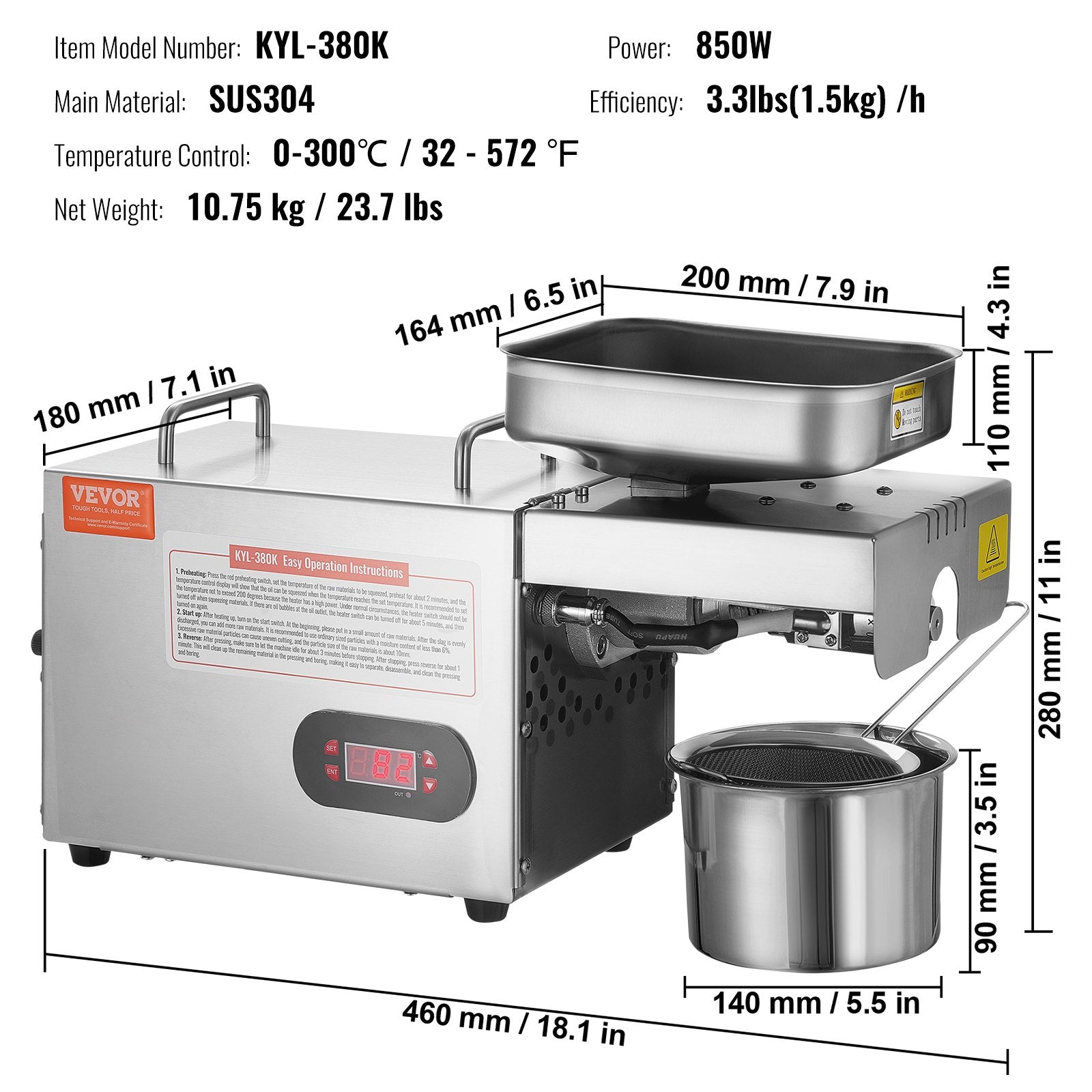 Electric Oil Press Machine, 850W Stainless Steel Oil Extractor Machine, Adjustable Temperature, Hot Press Oil Expeller for Pressing Peanuts, Sesame Seeds, Rapeseed, Tea Seeds