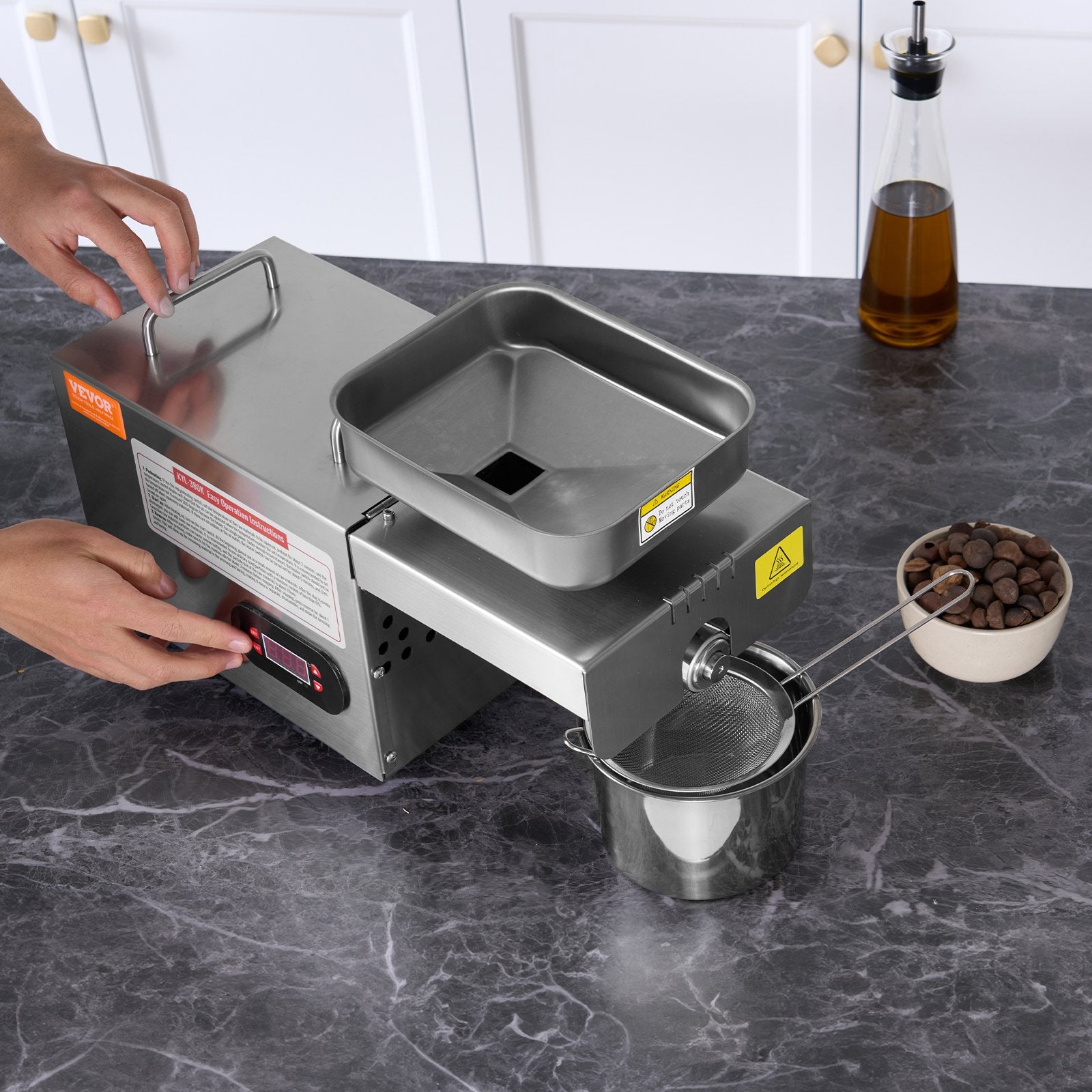Electric Oil Press Machine, 850W Stainless Steel Oil Extractor Machine, Adjustable Temperature, Hot Press Oil Expeller for Pressing Peanuts, Sesame Seeds, Rapeseed, Tea Seeds