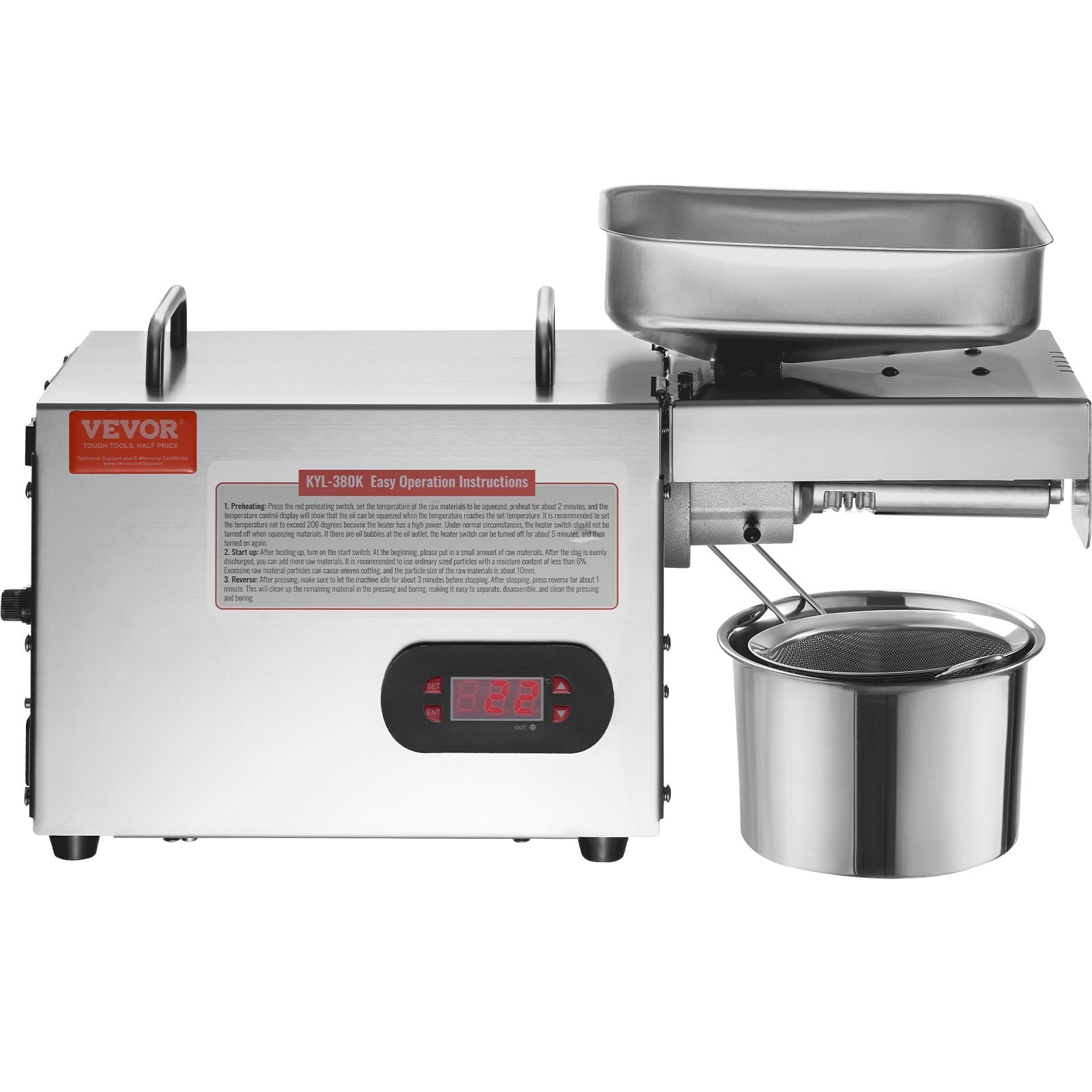 Electric Oil Press Machine, 850W Stainless Steel Oil Extractor Machine, Adjustable Temperature, Hot Press Oil Expeller for Pressing Peanuts, Sesame Seeds, Rapeseed, Tea Seeds