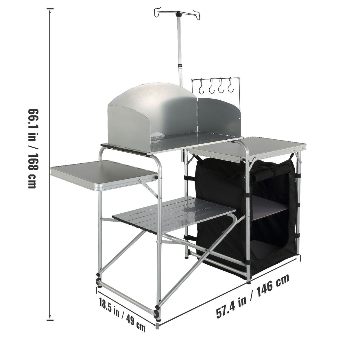 Camping Kitchen Table, Folding Outdoor Cooking Table with Storage Carrying Bag, Aluminum Cook Station 1 Cupboard & Detachable Windscreen, Quick Set-up for Picnics, BBQ, RV Traveling, Black