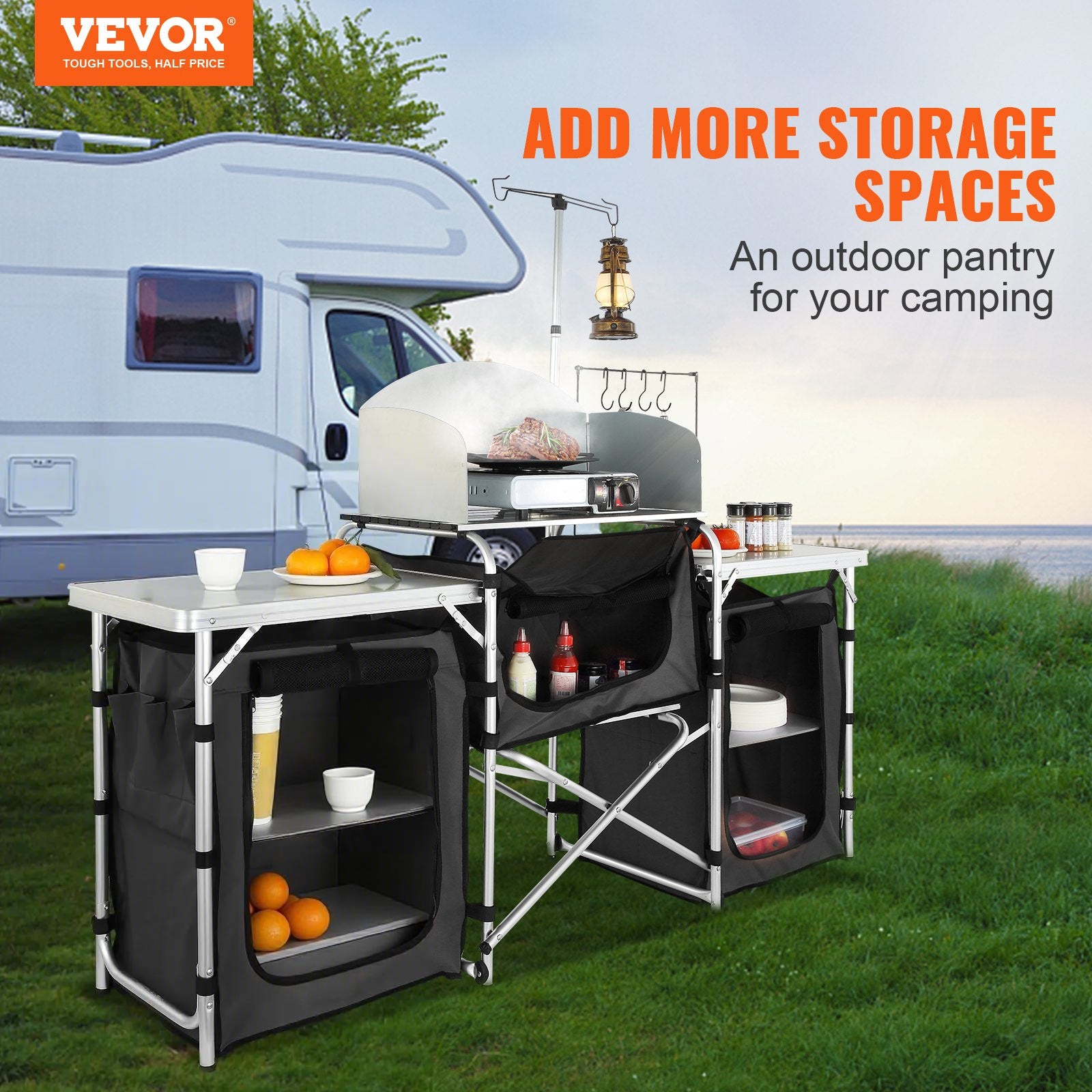 Changing Tables: VEVOR Camping Kitchen Table, Folding Outdoor Cooking Table with Storage Carrying Bag, Aluminum Cook Station 3 Cupboard & Detachable Windscreen, Quick Set-up for Picnics, BBQ, RV Traveling, Black