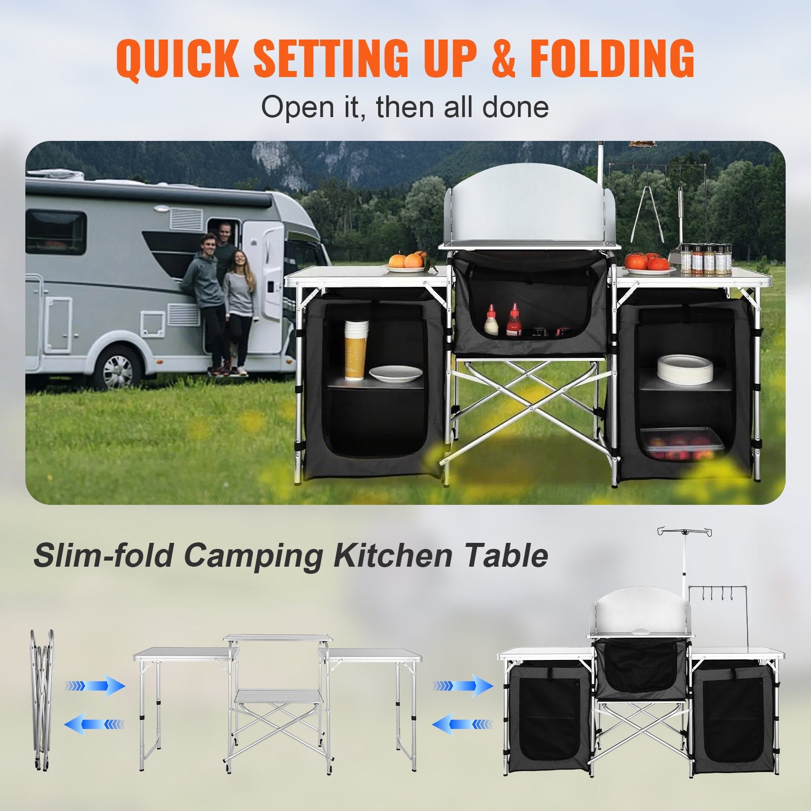 Changing Tables: VEVOR Camping Kitchen Table, Folding Outdoor Cooking Table with Storage Carrying Bag, Aluminum Cook Station 3 Cupboard & Detachable Windscreen, Quick Set-up for Picnics, BBQ, RV Traveling, Black