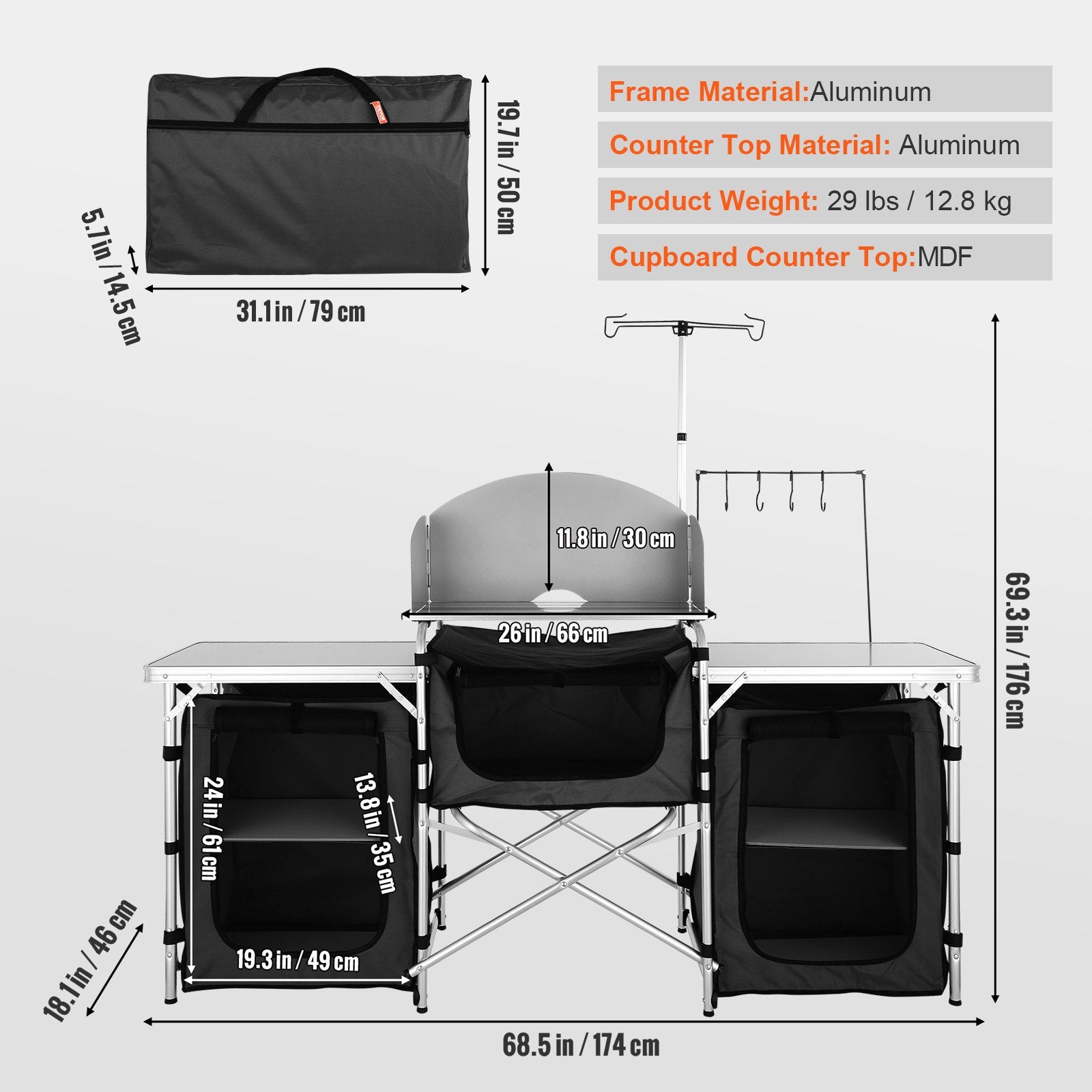 Changing Tables: VEVOR Camping Kitchen Table, Folding Outdoor Cooking Table with Storage Carrying Bag, Aluminum Cook Station 3 Cupboard & Detachable Windscreen, Quick Set-up for Picnics, BBQ, RV Traveling, Black