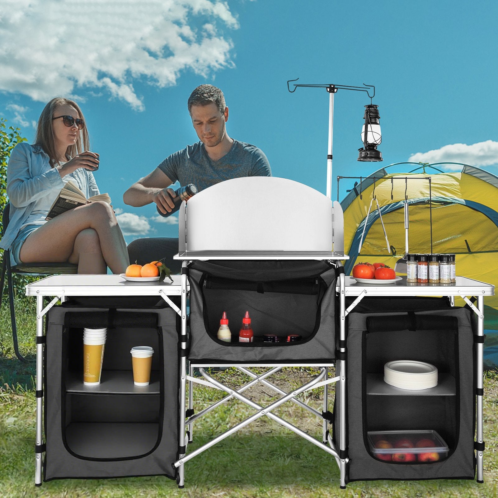 Changing Tables: VEVOR Camping Kitchen Table, Folding Outdoor Cooking Table with Storage Carrying Bag, Aluminum Cook Station 3 Cupboard & Detachable Windscreen, Quick Set-up for Picnics, BBQ, RV Traveling, Black