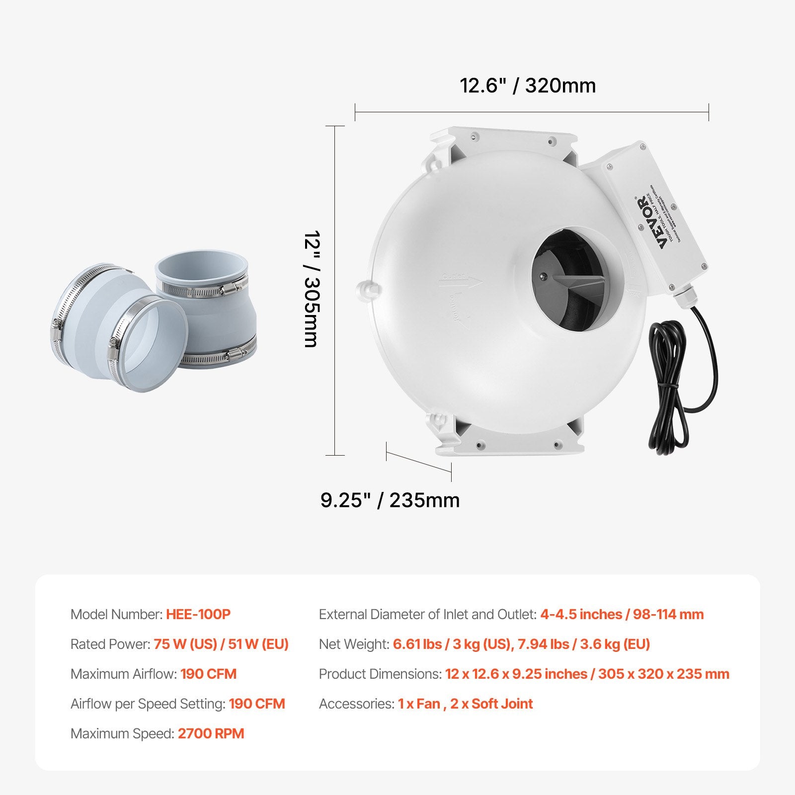 Automotive Repair & Speciality Tools: VEVOR 4" to 4.5" Radon Mitigation Fan System Quiet 190CFM Inline Duct Waterproof