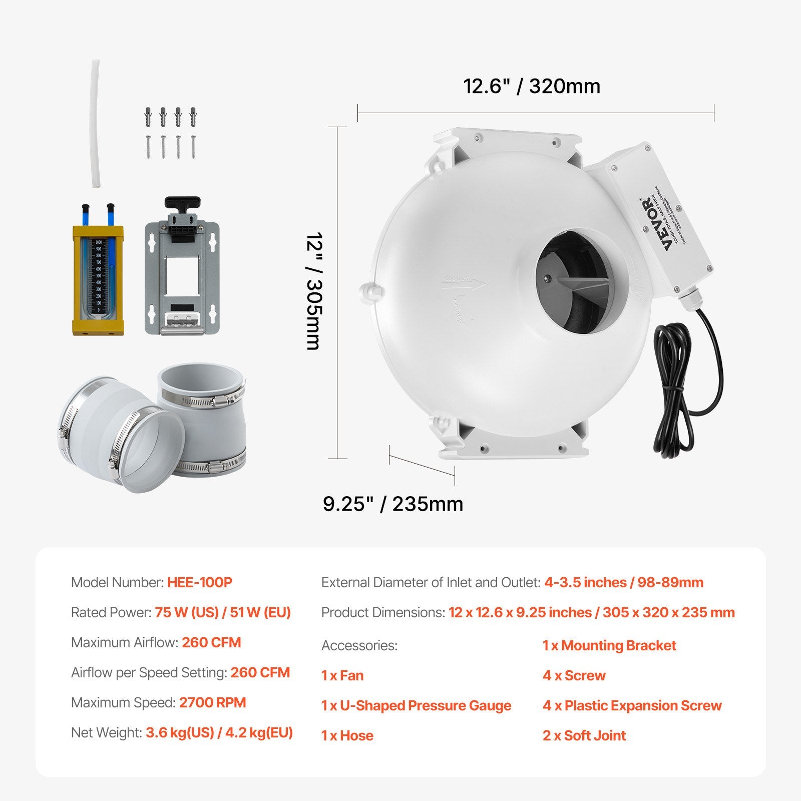 Automotive Repair & Speciality Tools: VEVOR 4" to 3.5" Radon Mitigation Fan System Kit Quiet 260 CFM Inline Duct Fan