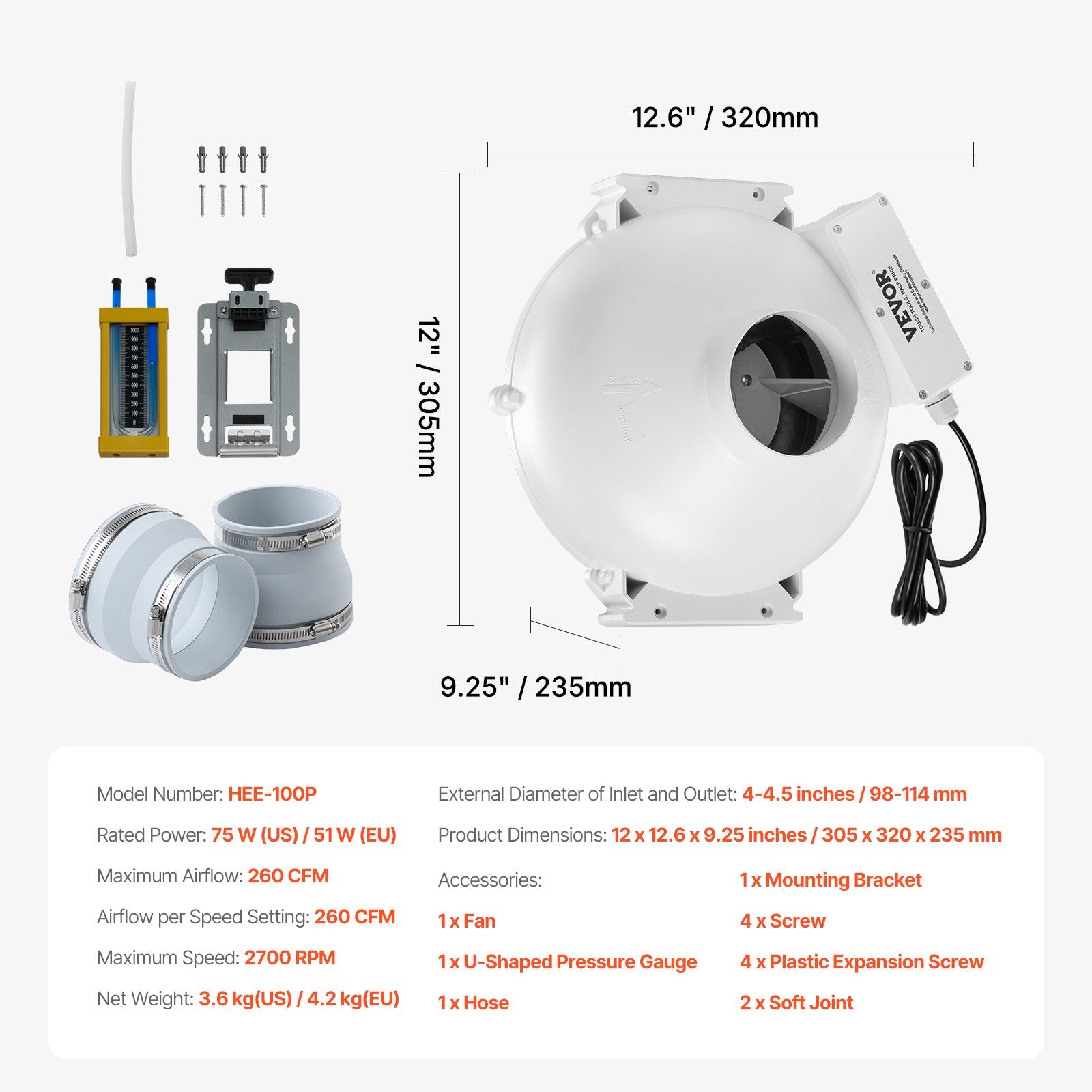Automotive Repair & Speciality Tools: VEVOR 4" to 4.5" Radon Mitigation Fan System Kit Quiet 260 CFM Inline Duct Fan