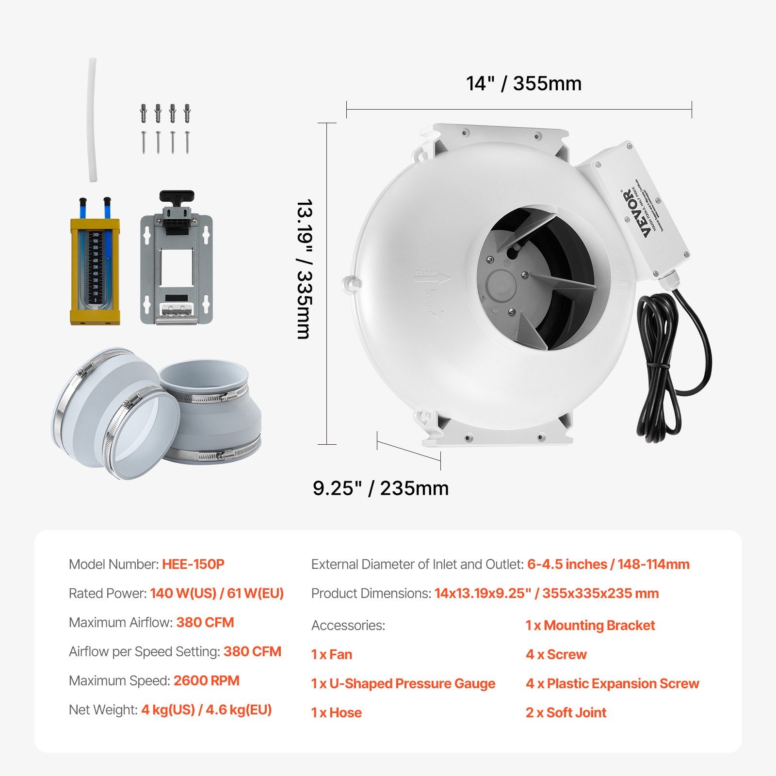 Automotive Repair & Speciality Tools: VEVOR 6" to 4.5" Radon Mitigation Fan System Kit Quiet 380 CFM Inline Duct Fan