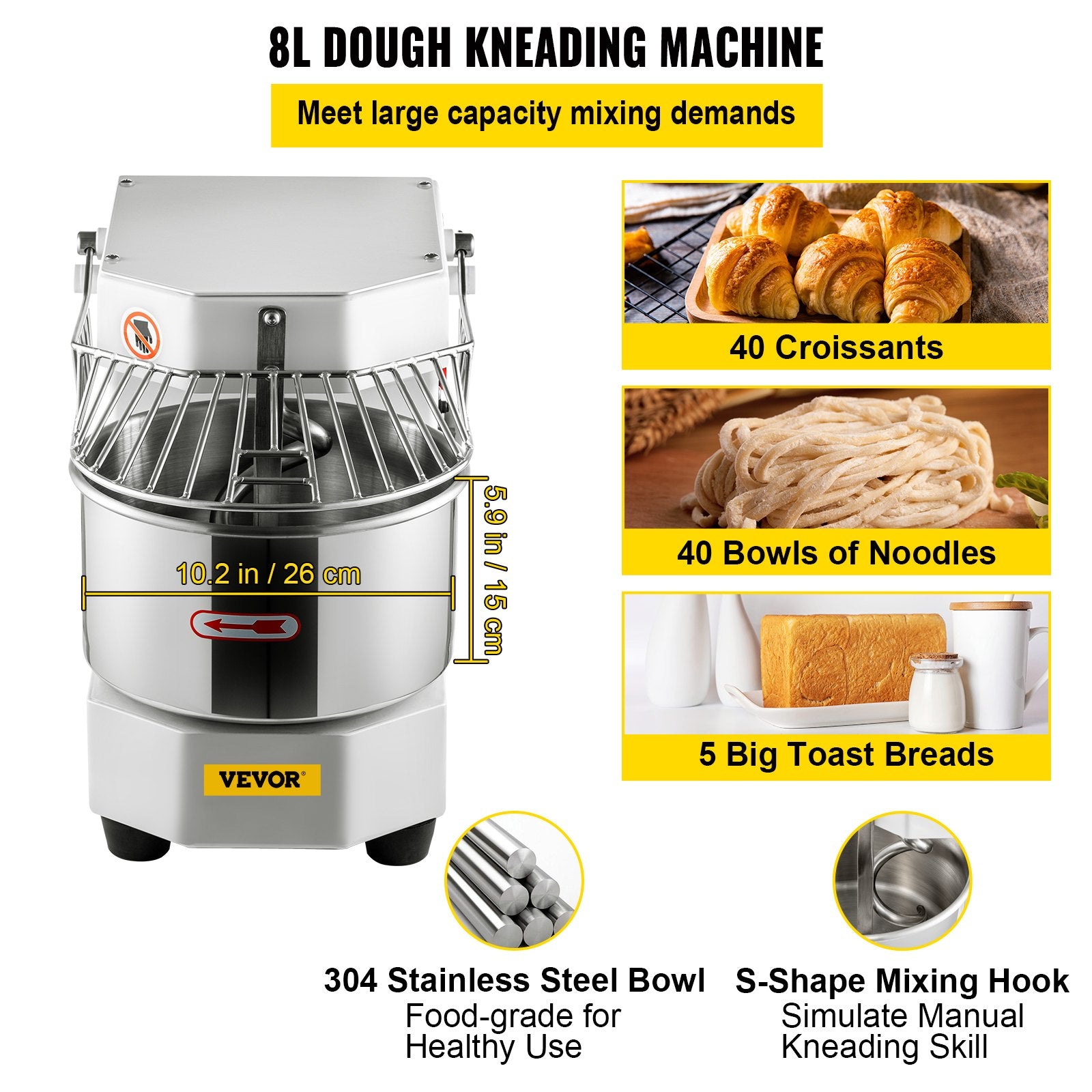 Commercial Dough Food Mixer, 8L Large Capacity Stainless Steel Mixer with Bowel, Hook, Shield, Reset Button, 450W Tilt-Head Kitchen Dough Mixers for Cake, Cream, Egg Fluid, Fillings