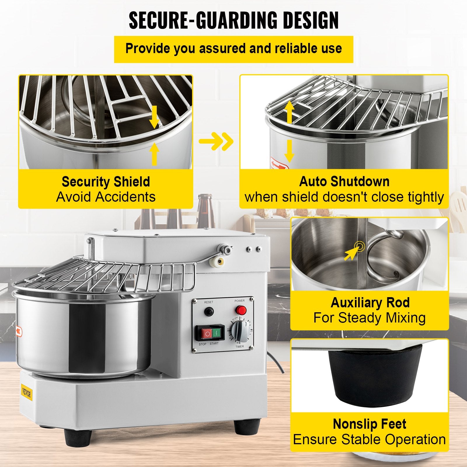 Commercial Dough Food Mixer, 8L Large Capacity Stainless Steel Mixer with Bowel, Hook, Shield, Reset Button, 450W Tilt-Head Kitchen Dough Mixers for Cake, Cream, Egg Fluid, Fillings