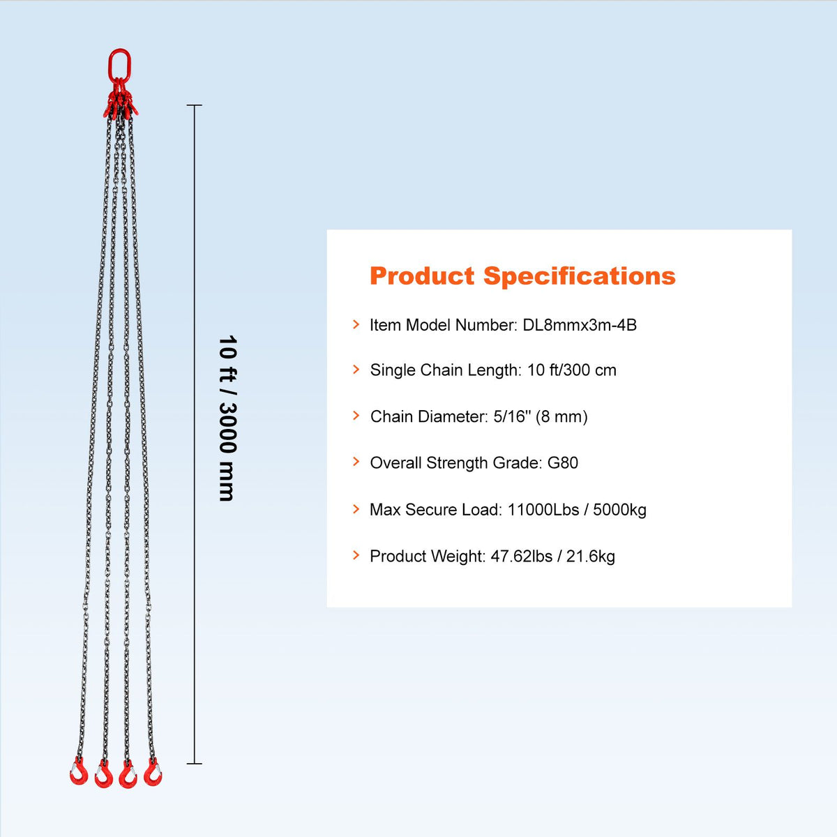 Chain Sling, 8 mm x 300 cm Lifting Chains with Hooks, G80 Engine Chain Hoist Lifts, 5 Ton Lifting Sling Chains for Engine Hoist, Engine Lift Chain with 4 Leg Grab Hooks & Adjusters Heavy Duty