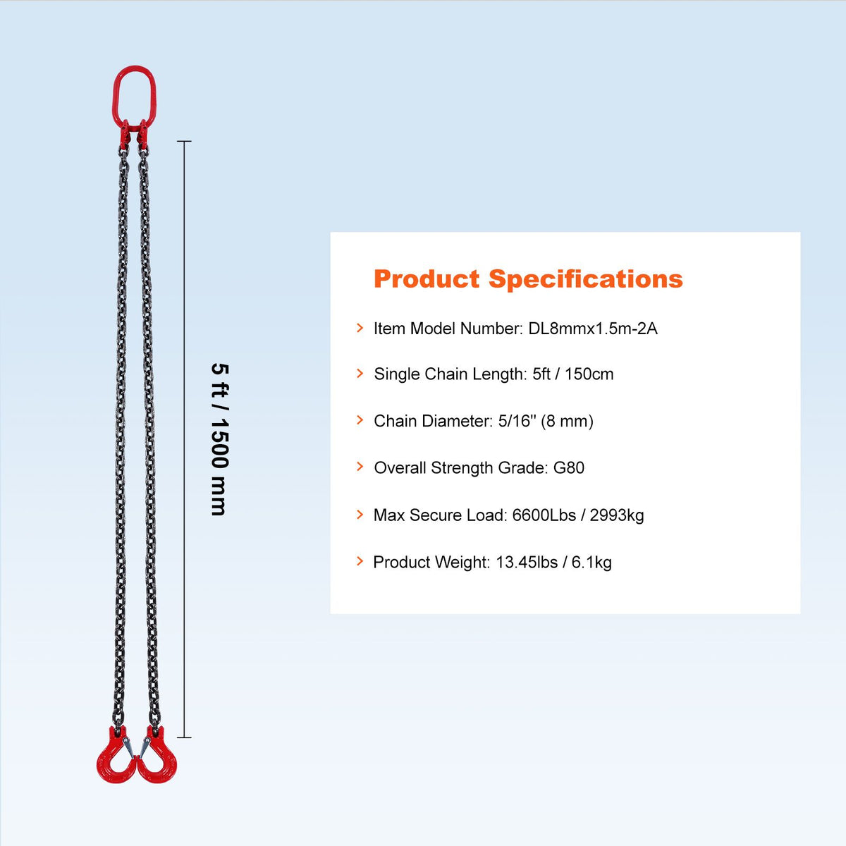 Chain Sling, 8 mm x 150 cm Lifting Chains with Hooks, G80 Engine Chain Hoist Lifts, 3 Ton Capacity Lifting Sling Chains for Engine Hoist, Engine Lift Chain with 2 Leg Grab Hooks, Heavy Duty